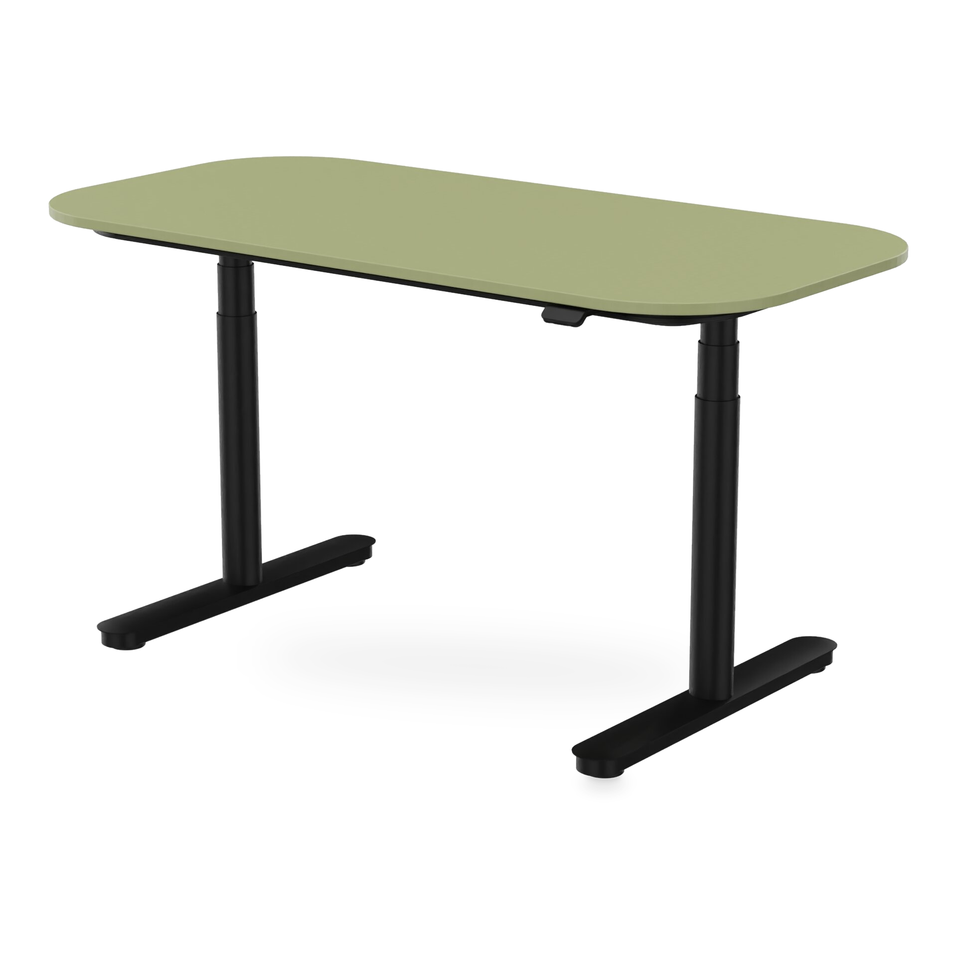 Ein moderner höhenverstellbarer Stehschreibtisch mit einer glatten, salbeigrünen rechteckigen Tischplatte mit abgerundeten Ecken, getragen von einem stabilen schwarzen Metallrahmen mit zwei Teleskopsäulen und flachen T-förmigen Füßen, isoliert auf sc