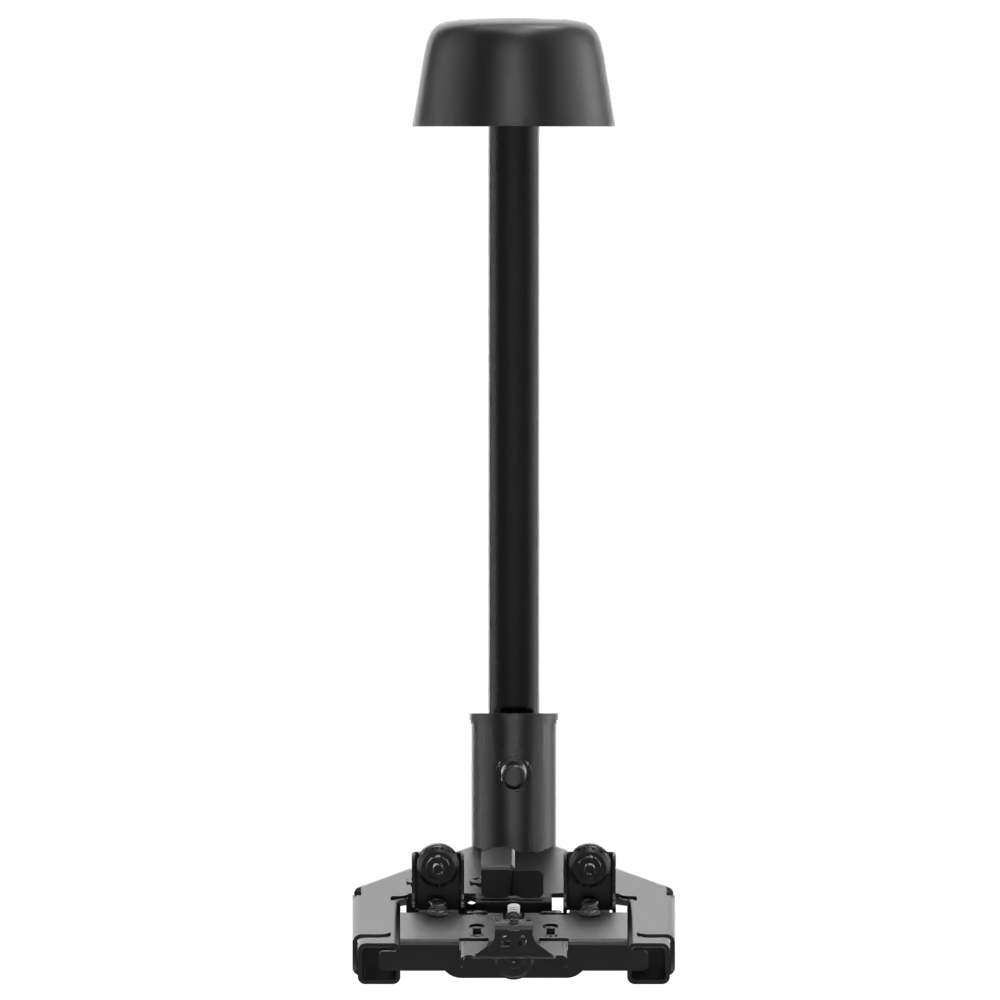 Ein schwarzes, minimalistisches Möbelbein mit einem vertikalen zylindrischen Pfosten, einer abgerundeten oberen Kappe und einer stabilen Basis mit integrierten Rollen, entworfen für die moderne, funktionale Möbelunterstützung in einer eleganten, indu