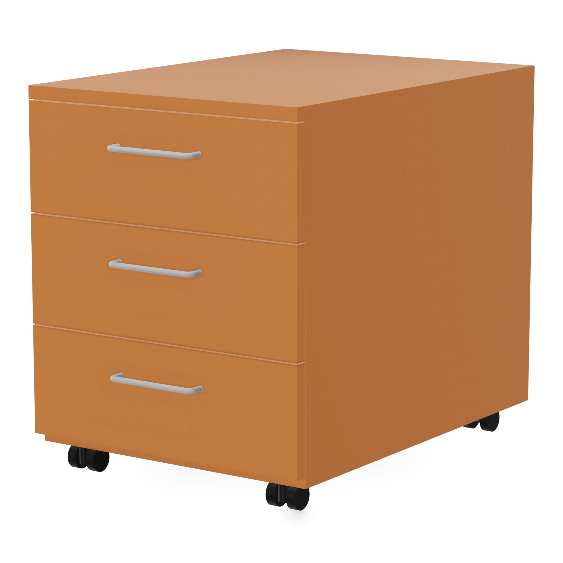Ein moderner Rollcontainer mit drei Schubladen in warmer hellbrauner Holzoptik, eleganten silberfarbenen horizontalen Griffen und schwarzen Lenkrollen für einfache Bewegung, perfekt für die organisierte Aufbewahrung im Büro.