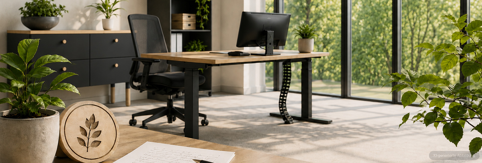 Ein modernes Heimbüro mit einem höhenverstellbaren Holzschreibtisch mit schwarzem Gestell, einem passenden ergonomischen Bürostuhl aus Netzstoff und einem schwarzen Sideboard. Der Arbeitsbereich ist hell und verfügt über große Fenster mit üppigem Bli