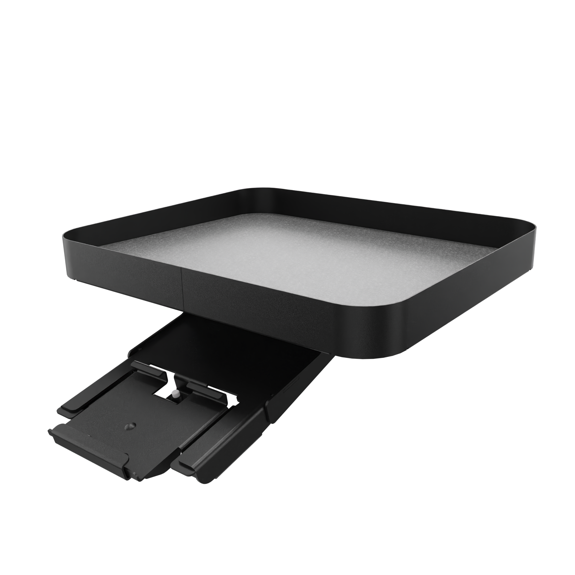 Ein modernes, mattschwarzes Tablettregal aus Metall mit minimalistischem Design und einer stabilen Montagehalterung zur Wandbefestigung. Das rechteckige Tablett hat abgerundete Ecken und eine glatte Oberfläche, ideal für die moderne Organisation und