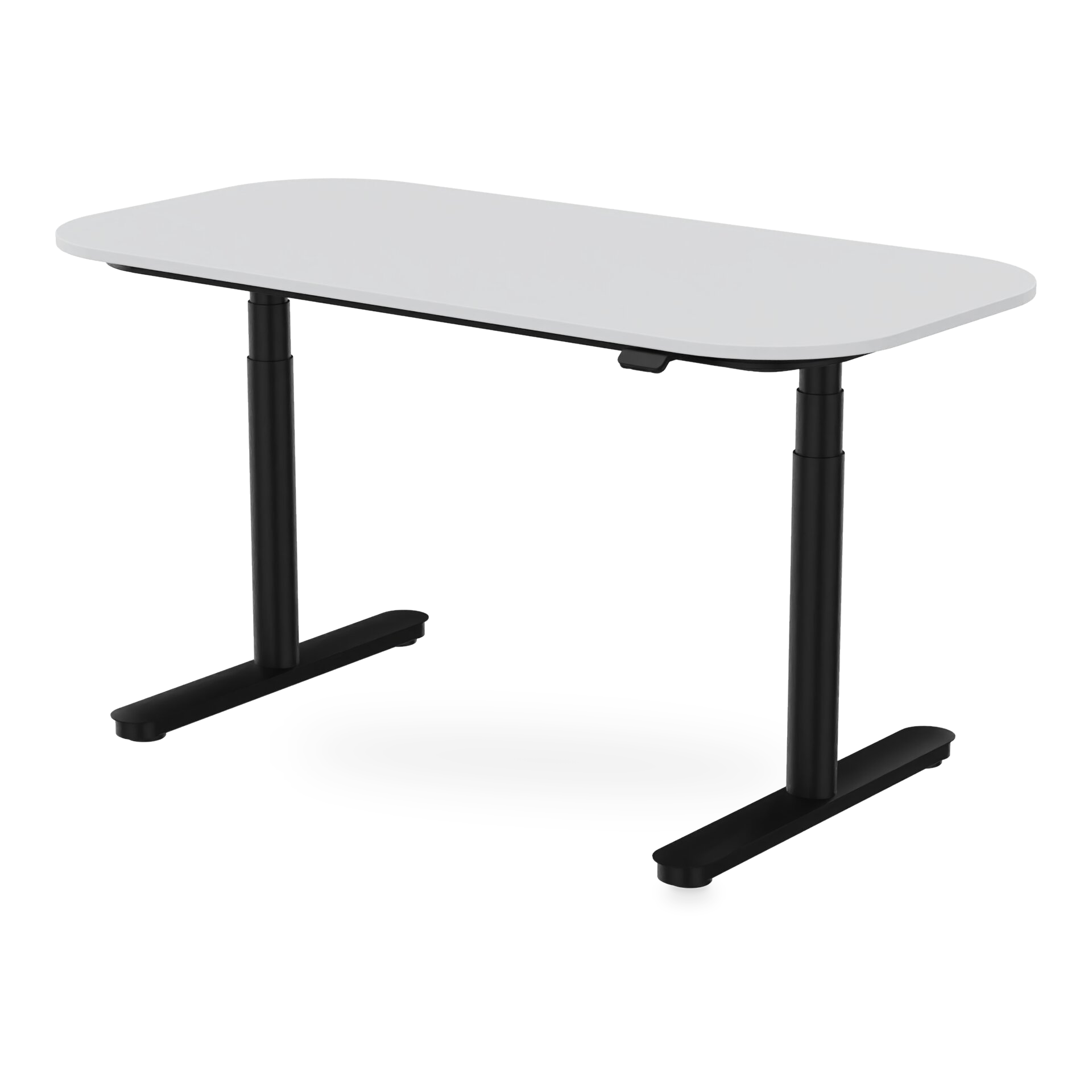 Ein moderner höhenverstellbarer Stehschreibtisch mit einer glatten, hellgrauen rechteckigen Tischplatte mit abgerundeten Ecken, getragen von einem stabilen schwarzen Metallrahmen mit zwei Teleskopsäulen und T-förmigen Füßen, isoliert auf einem schlic