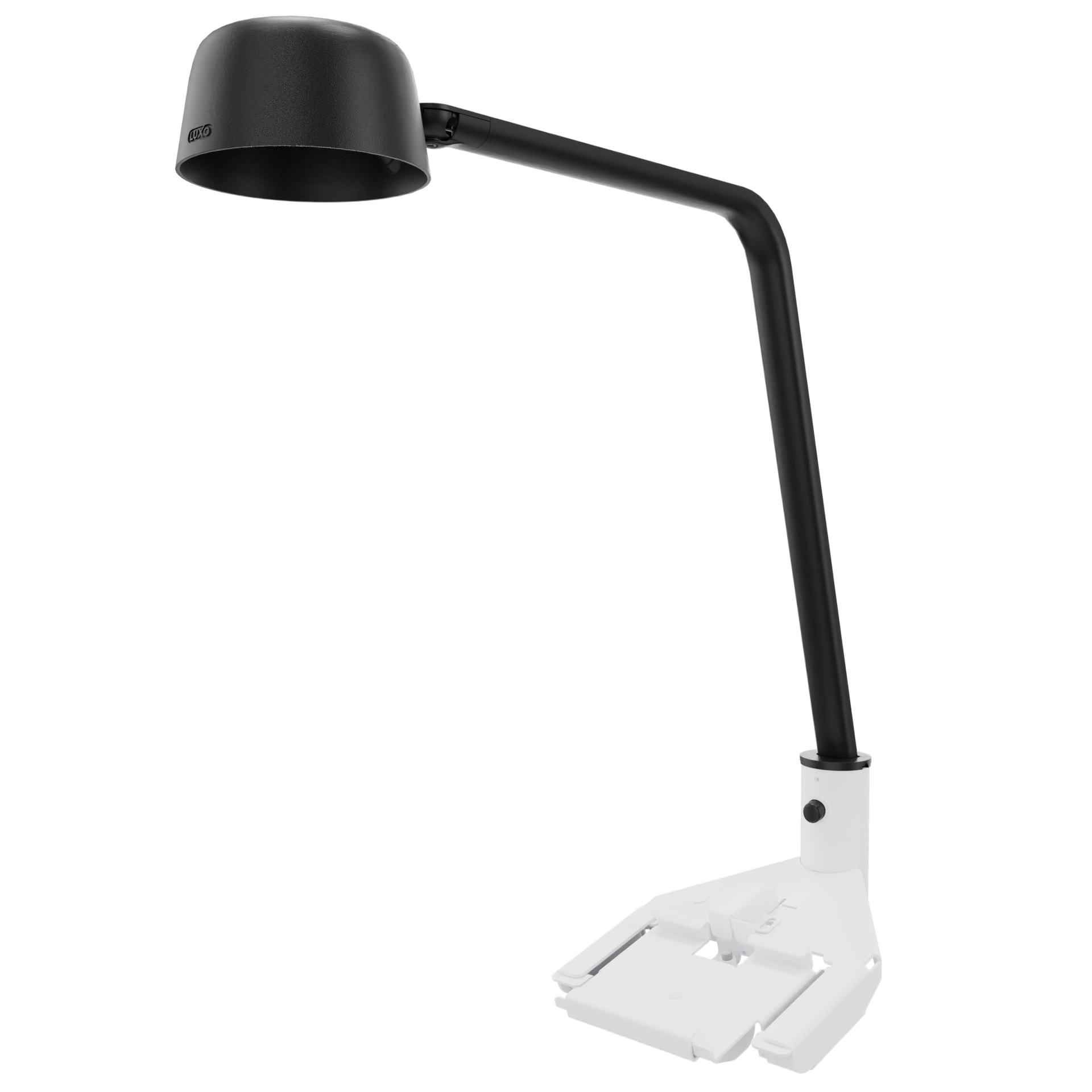Eine moderne Luxo-Schreibtischlampe mit einem eleganten schwarzen verstellbaren Arm und einem abgerundeten schwarzen Schirm, montiert auf einem stabilen weißen Sockel. Diese minimalistische Arbeitsleuchte ist für die funktionale Arbeitsplatzbeleuchtu