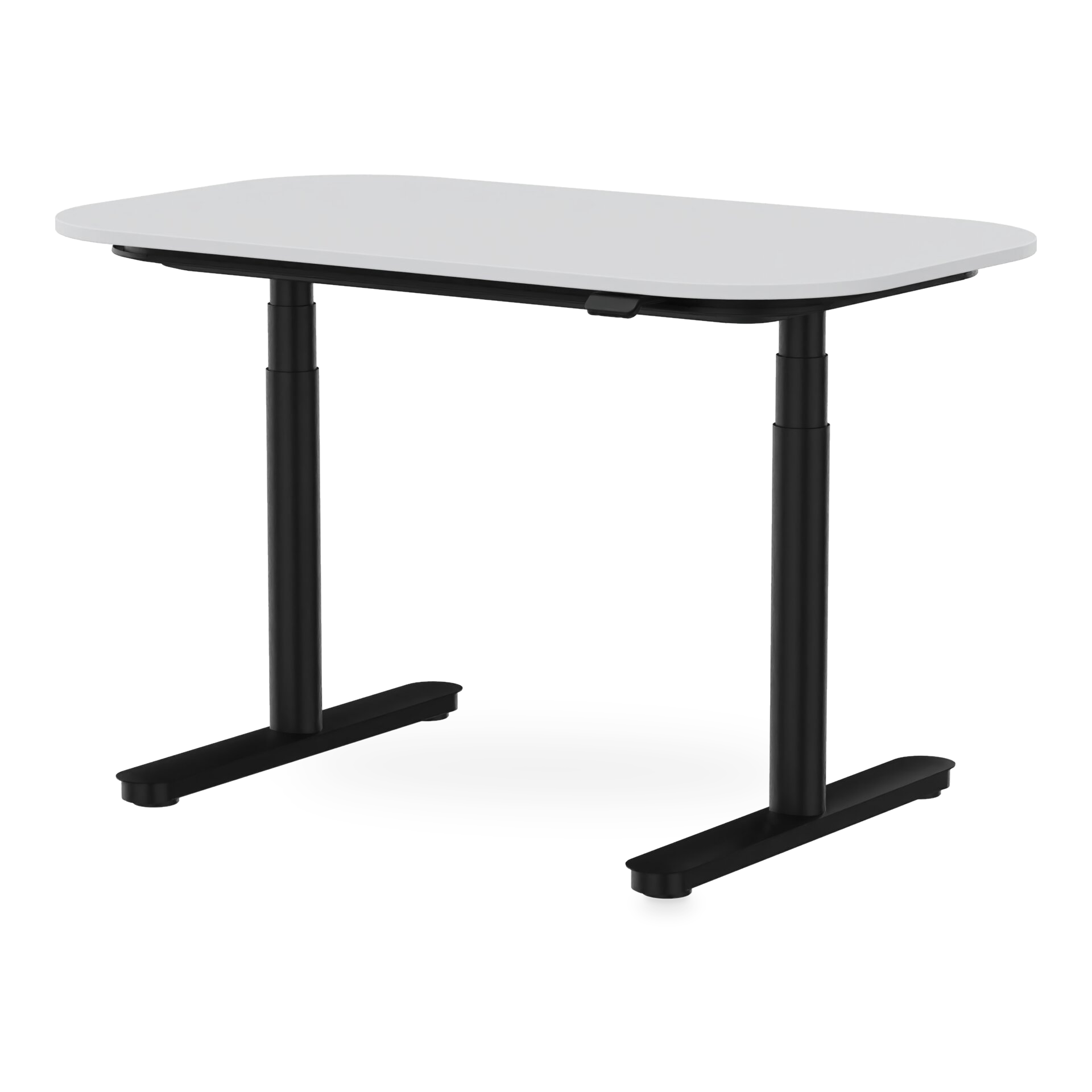Ein moderner höhenverstellbarer Stehschreibtisch mit einer glatten, hellgrauen rechteckigen Tischplatte mit abgerundeten Ecken, getragen von einem stabilen schwarzen Metallgestell mit zwei Teleskopsäulen und flachen, stabilen Füßen vor einem schlicht