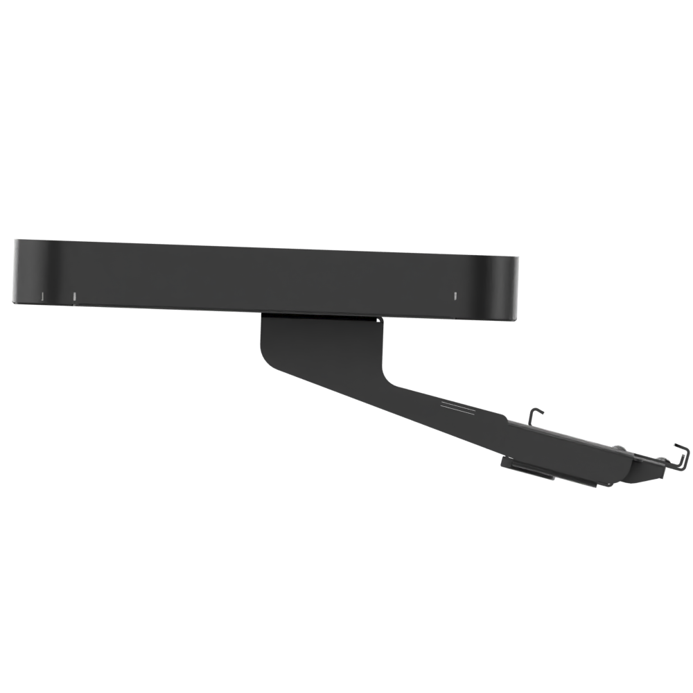 Eine Seitenansicht einer modernen Tastaturablage aus mattschwarzem Metall, die für die ergonomische Montage am Schreibtisch konzipiert ist und über einen schlanken, minimalistischen Auslegerarm und eine flache, rechteckige Plattform für Computerzubeh