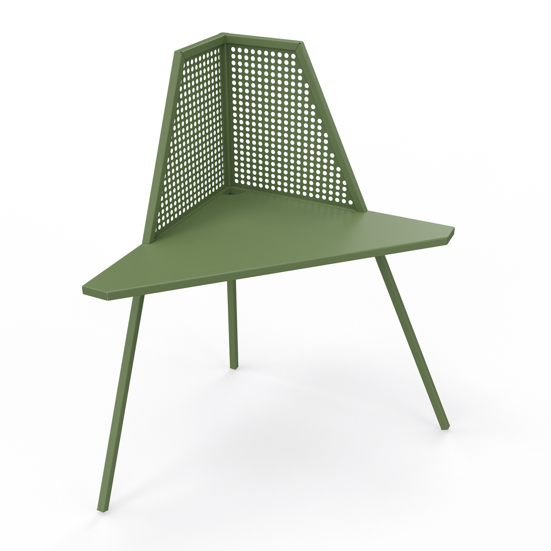 A modern, olive green corner desk featuring a triangular tabletop and a high, perforated metal backrest. Dieses minimalistische Möbelstück aus Metall ist für den platzsparenden Einsatz in modernen Wohn- oder Büroeinrichtungen konzipiert.