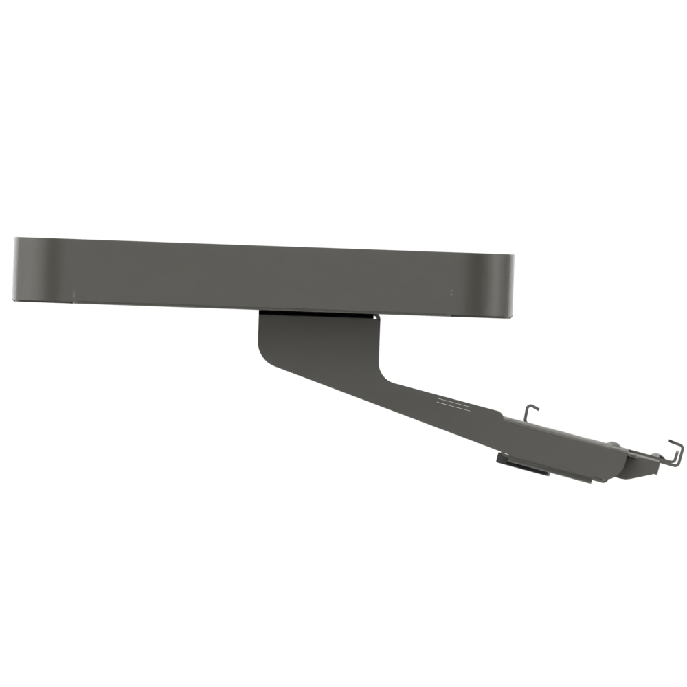 Eine Seitenansicht eines modernen, mattgrauen Möbelstücks, wahrscheinlich einer Schublade oder einer Regalhalterung, mit einem schlanken, minimalistischen Design mit einer flachen Oberfläche und einem abgewinkelten Montagearm, isoliert vor einem schl