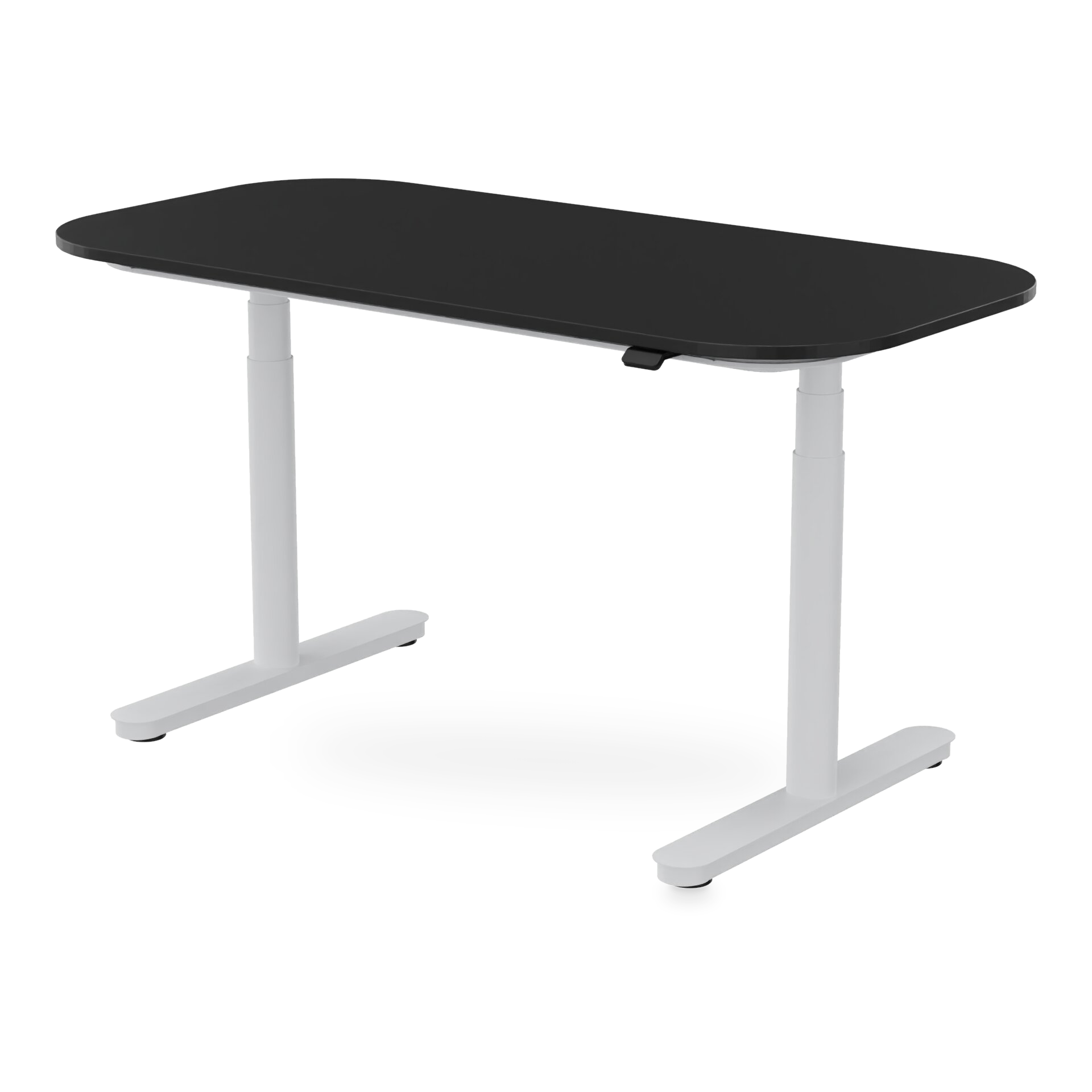 Ein moderner höhenverstellbarer Stehschreibtisch mit einer eleganten schwarzen rechteckigen Tischplatte mit abgerundeten Ecken, getragen von einem stabilen weißen Metallrahmen mit zwei Teleskopsäulen und flachen Standfüßen, isoliert vor einem schlich