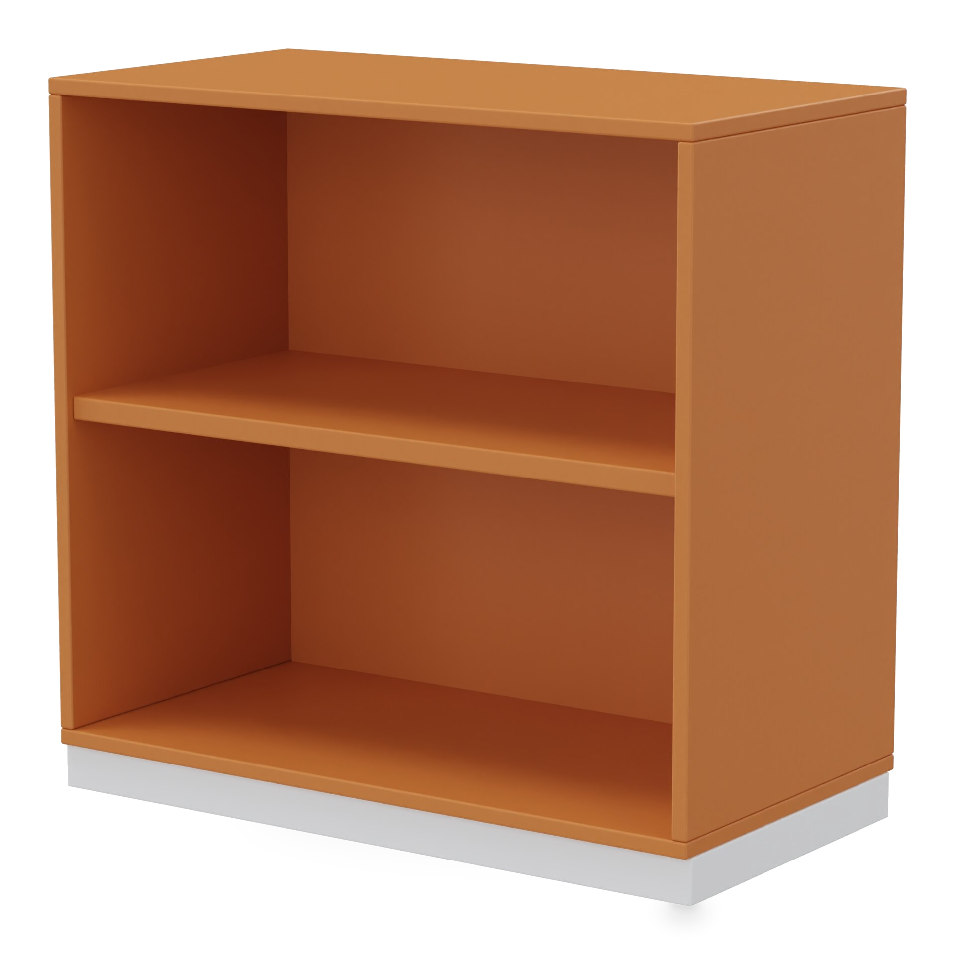 Ein modernes, kompaktes offenes Bücherregal in leuchtendem Orange mit einem verstellbaren Regal und einem klaren, minimalistischen Design auf einem kontrastierenden weißen Sockel, ideal für die organisierte Aufbewahrung in einer modernen Wohn- oder B