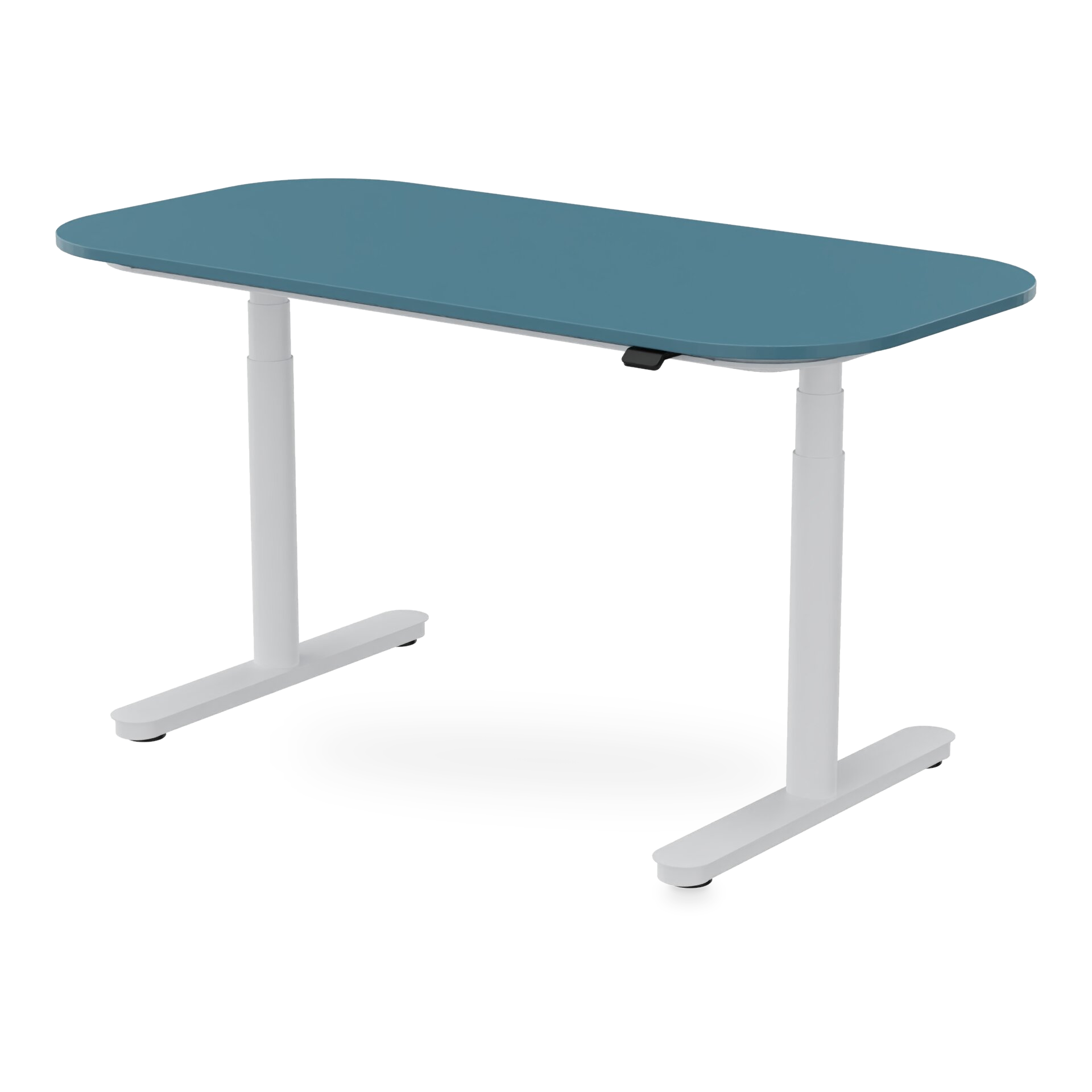 Moderner höhenverstellbarer Stehschreibtisch mit einer glatten, blaugrünen Tischplatte mit abgerundeten Kanten und einem stabilen T-Bein-Gestell aus weißem Metall, konzipiert für die ergonomische Einrichtung von Büro- oder Heimarbeitsplätzen.