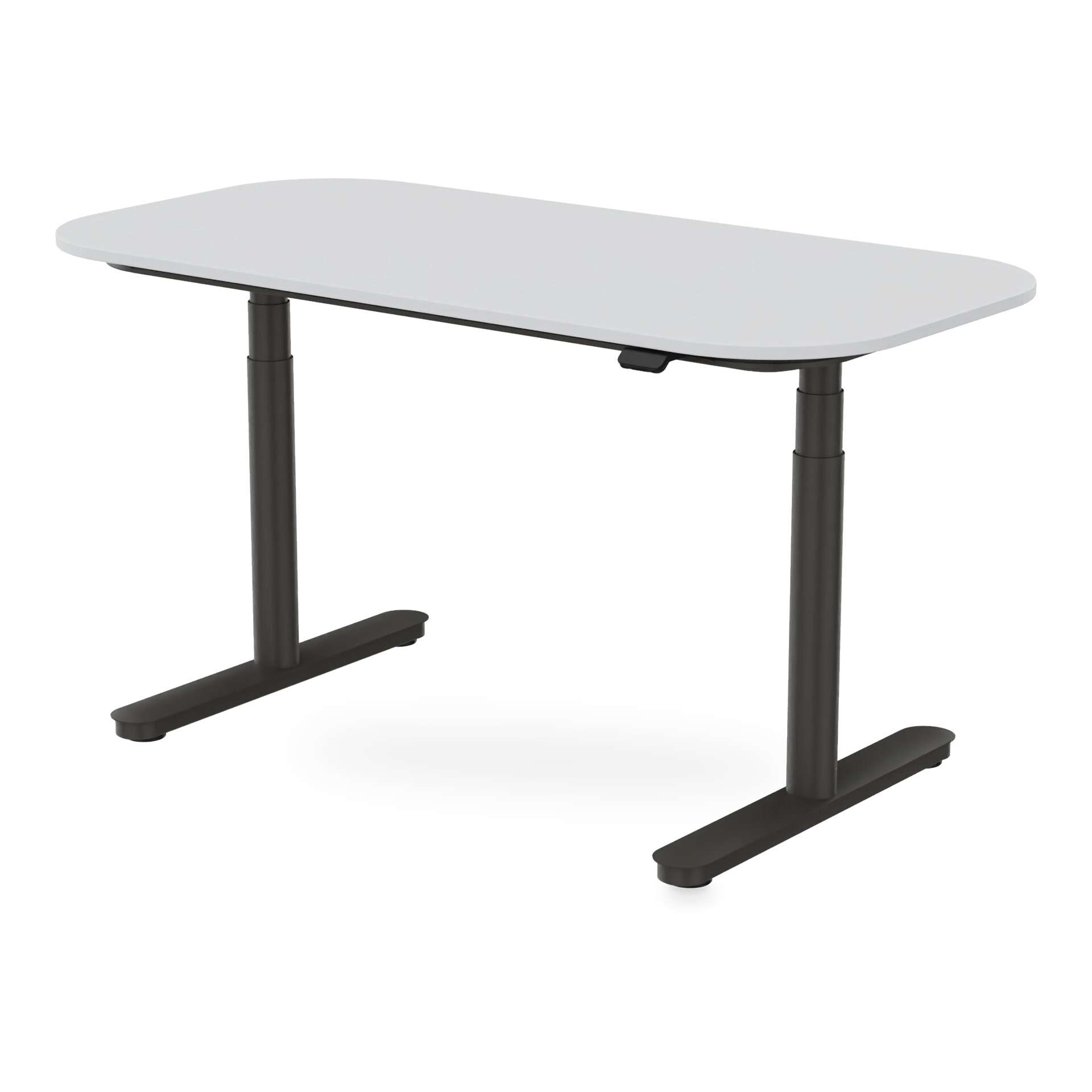Ein moderner höhenverstellbarer Stehschreibtisch mit einer glatten, hellgrauen rechteckigen Tischplatte mit abgerundeten Ecken, getragen von einem stabilen T-Bein-Gestell aus schwarzem Metall, ideal für ein modernes, ergonomisches Heimbüro oder einen