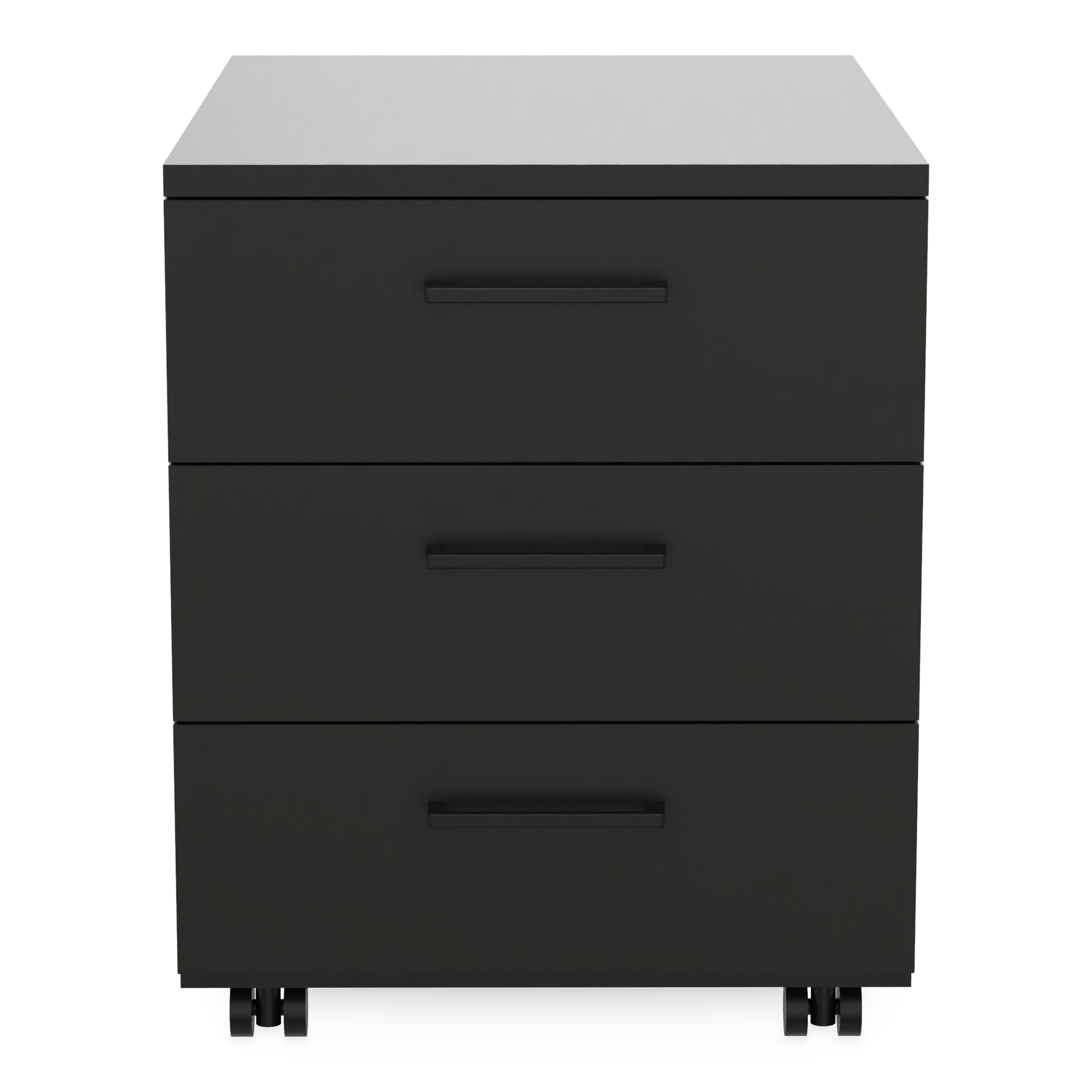 Ein moderner mobiler Sockelschrank in Mattschwarz mit drei geräumigen Schubladen mit schlanken horizontalen Griffen und stabilen Rollen für einfaches Bewegen, ideal für organisierte Büroaufbewahrung und Arbeitsplatzeffizienz.