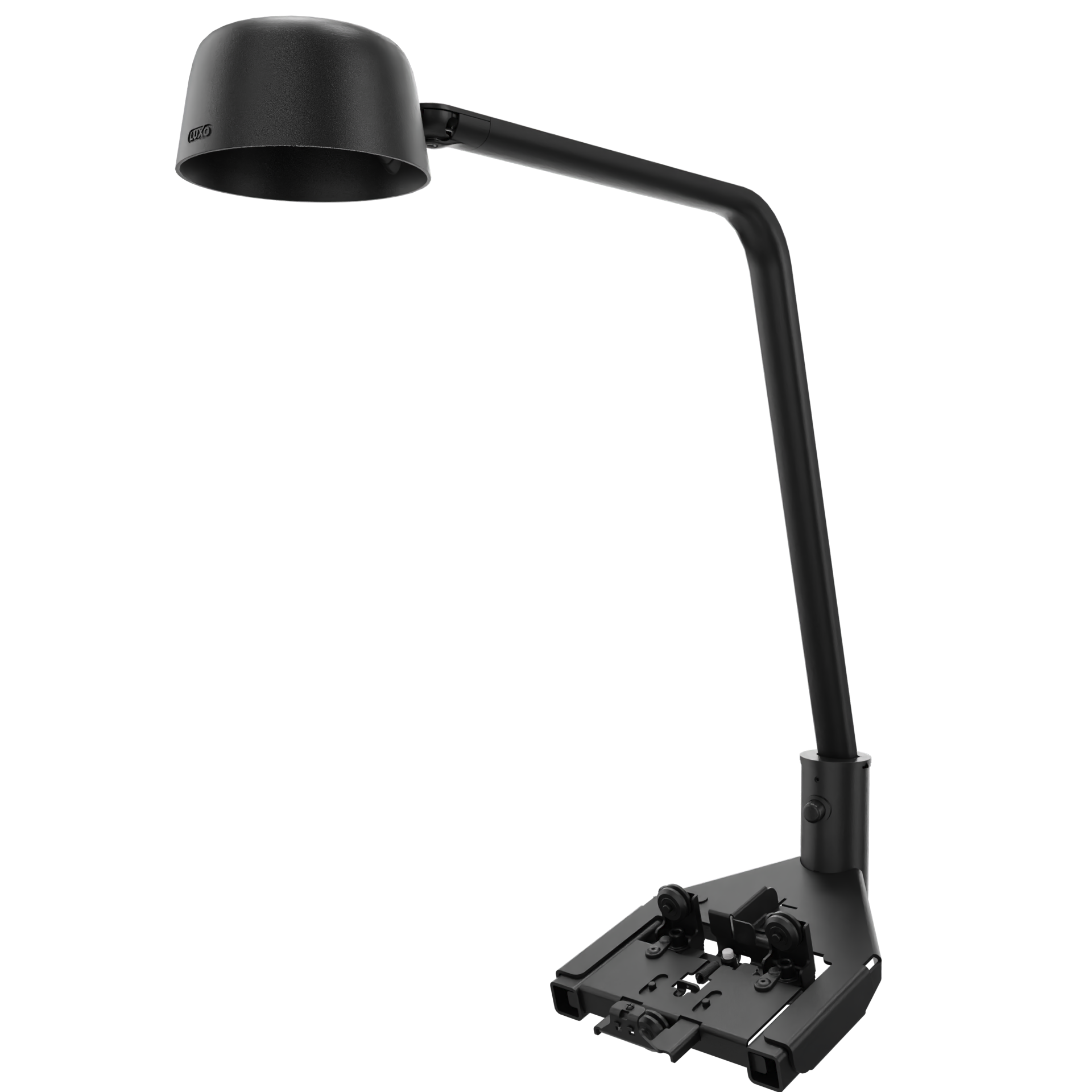 Eine moderne, mattschwarze Luxo-Schreibtischlampe mit minimalistischem, verstellbarem Arm und abgerundetem Schirm. Die Lampe ist auf einem stabilen Sockel im Industriestil mit sichtbaren mechanischen Komponenten montiert und steht vor einem soliden s