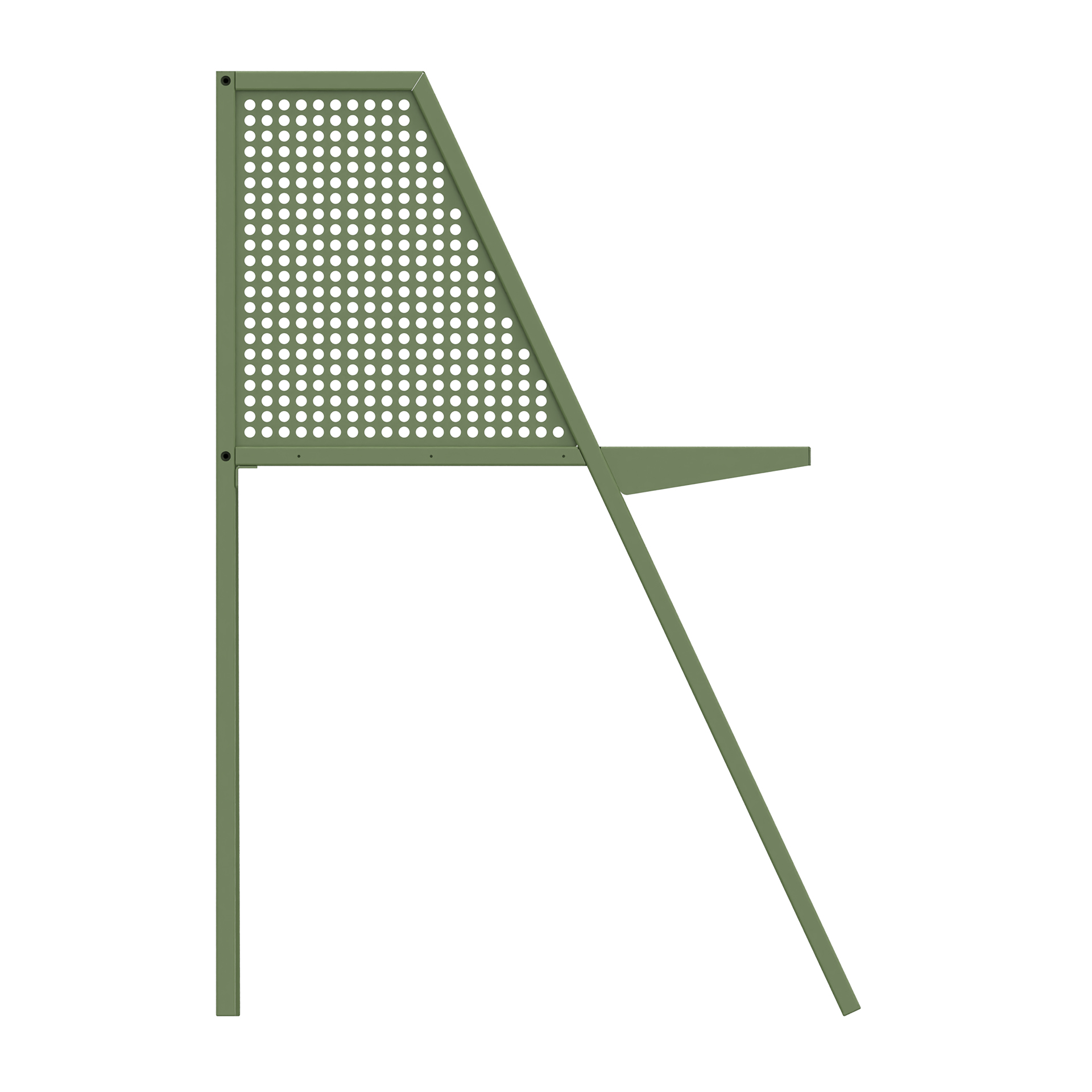 Eine Seitenansicht eines modernen, minimalistischen Schreibtisches mit einem olivgrünen Metallrahmen mit perforierter Rückwand und einer schlanken, freitragenden Arbeitsfläche, perfekt für ein modernes Heimbüro oder einen Arbeitsbereich.
