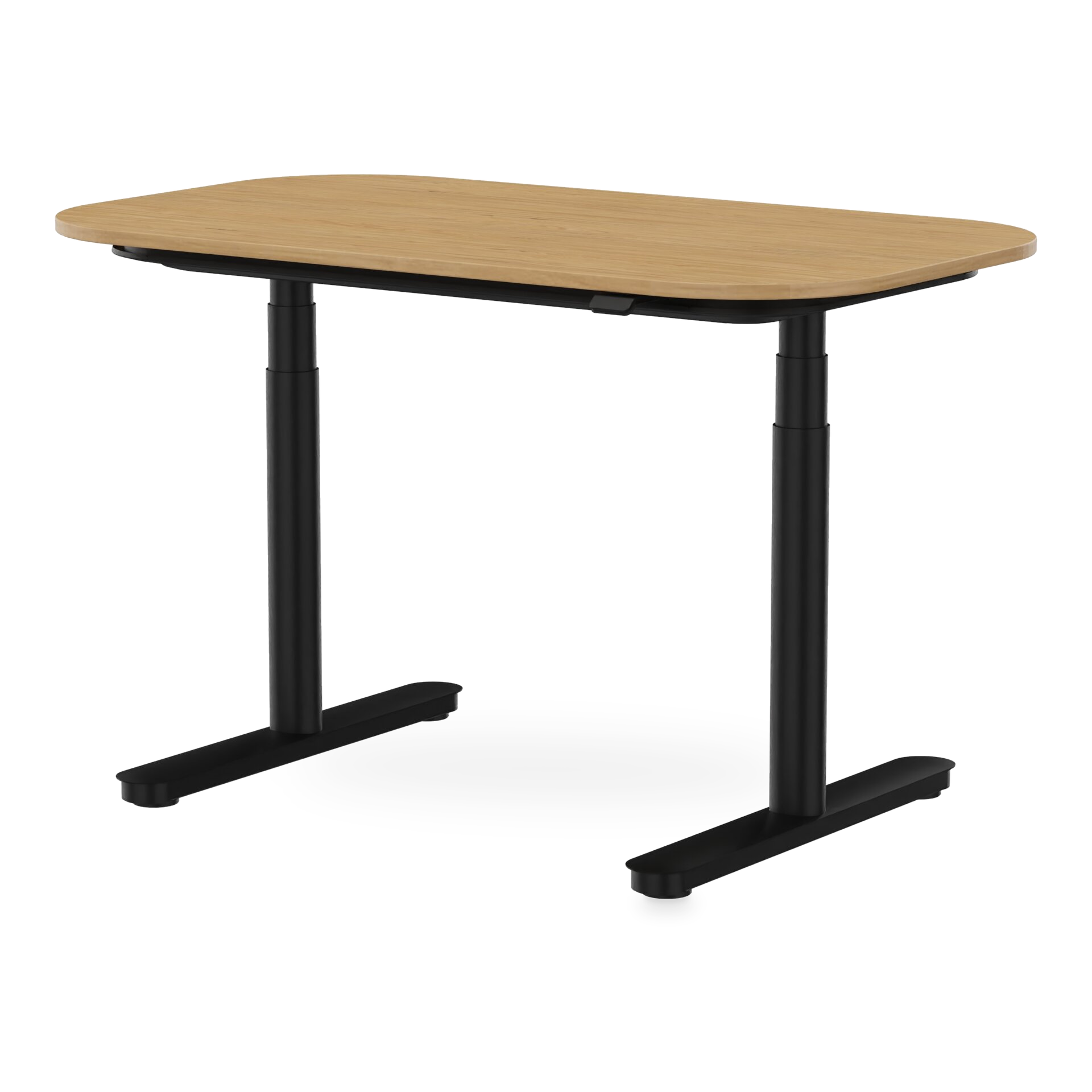 Ein moderner, höhenverstellbarer Schreibtisch mit einer Tischplatte mit heller Eichenholzmaserung und abgerundeten Ecken, getragen von einem stabilen schwarzen Metallrahmen mit zwei vertikalen Säulen und flachen Standfüßen, isoliert vor einem schlich
