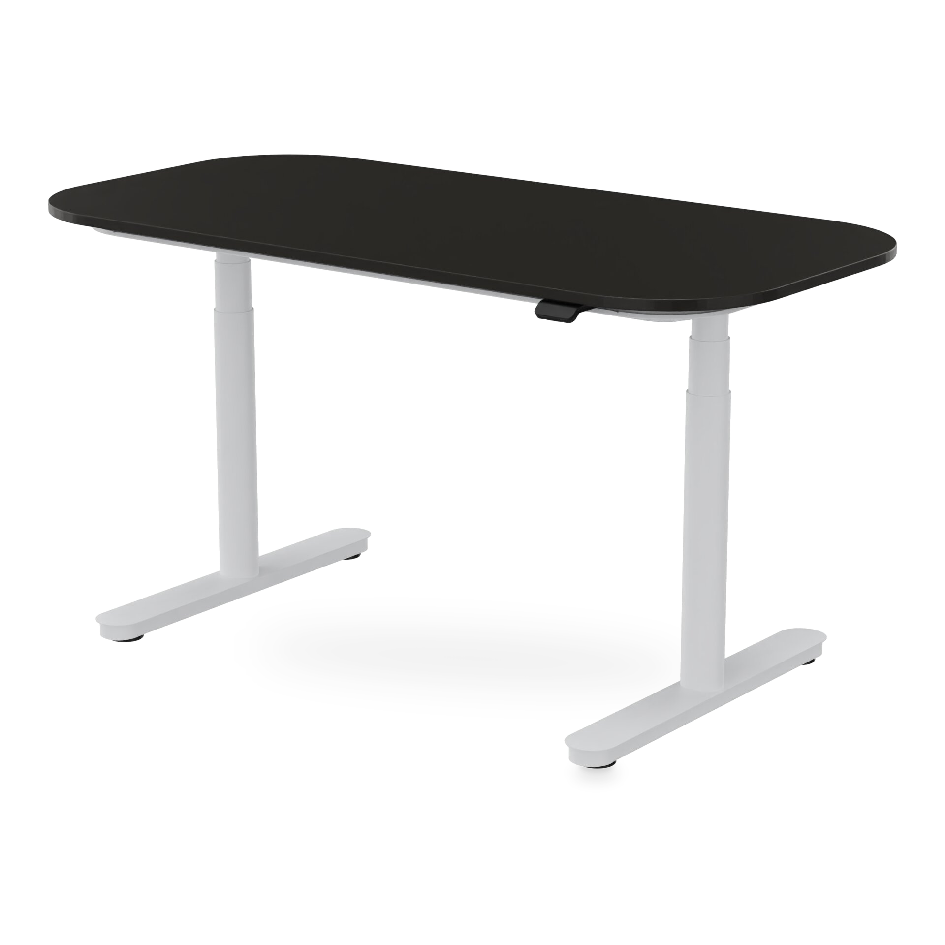 Ein moderner, höhenverstellbarer Stehschreibtisch mit einer eleganten, mattschwarzen, rechteckigen Schreibtischplatte mit abgerundeten Ecken, getragen von einem stabilen T-Bein-Gestell aus weißem Metall, ideal für ein modernes Heimbüro oder einen pro