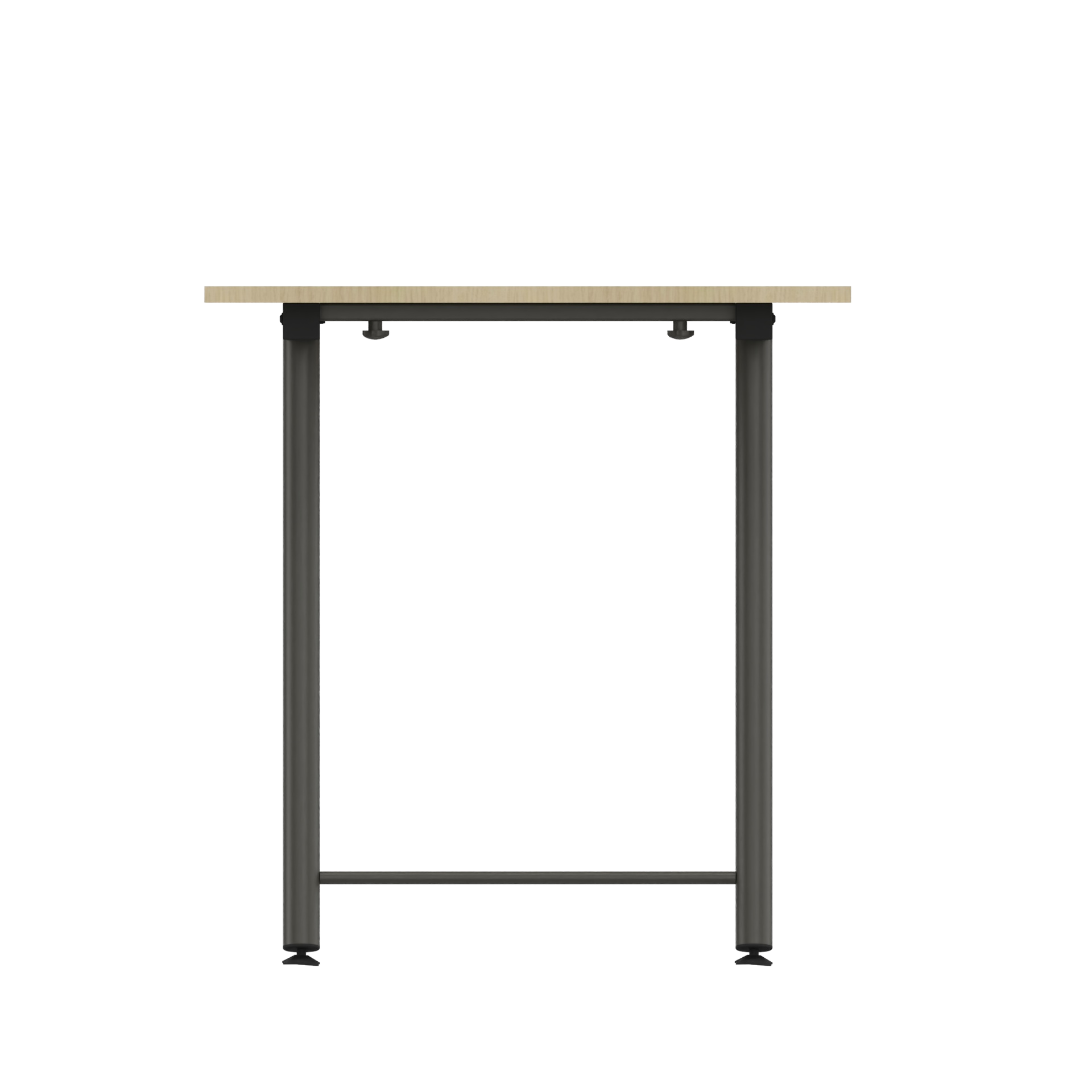 Eine Seitenansicht eines modernen Schreibtisches mit einer rechteckigen Tischplatte mit heller Holzmaserung, die von einem stabilen, dunkelgrauen Metallrahmen mit zylindrischen Beinen und verstellbaren Nivellierfüßen getragen wird, präsentiert vor ei