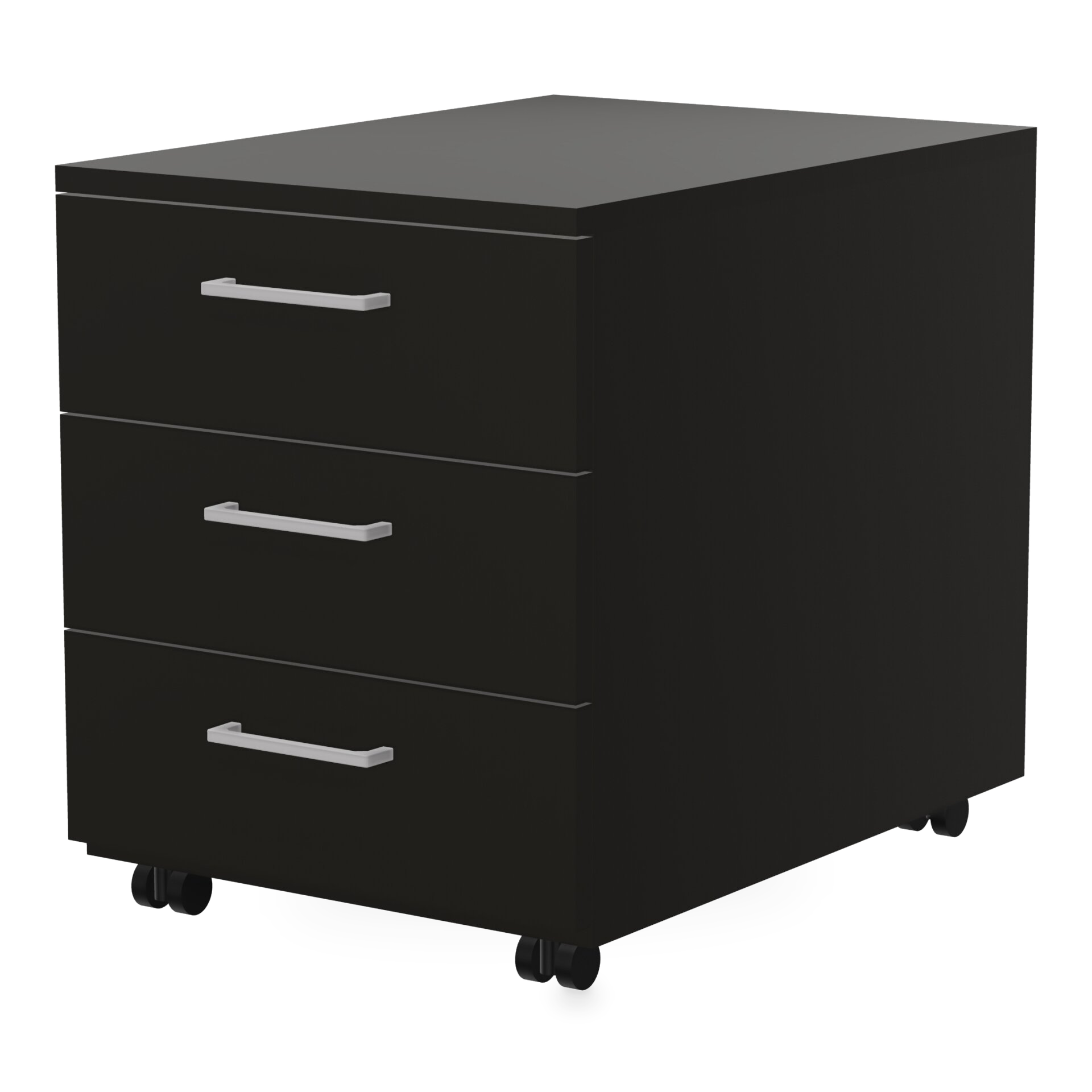 Ein moderner Rollcontainer für Büroschreibtische mit elegantem, mattschwarzem Finish, drei geräumigen Schubladen mit minimalistischen silbernen Griffen und robusten Rollen für einfaches Bewegen, perfekt für die organisierte Aufbewahrung im Heimbüro o