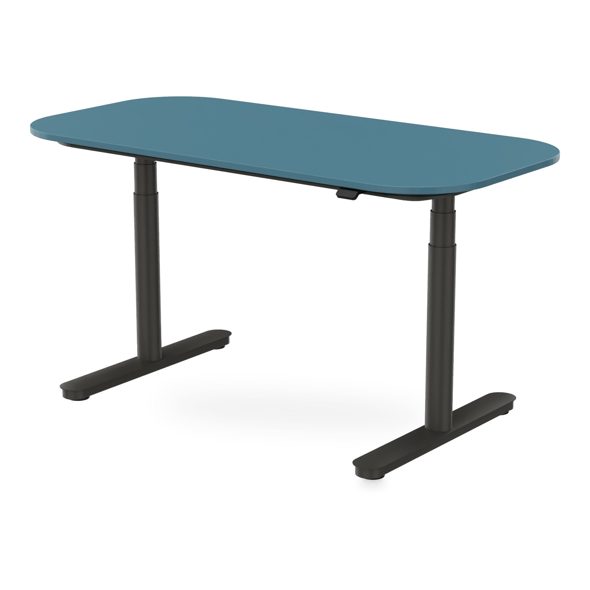 Ein moderner, höhenverstellbarer Stehschreibtisch mit einer glatten, rechteckigen Schreibtischplatte mit abgerundeten Ecken in gedämpftem Blau, getragen von einem stabilen schwarzen Metallrahmen mit Doppelsäulen und T-förmigen Füßen, isoliert vor ein