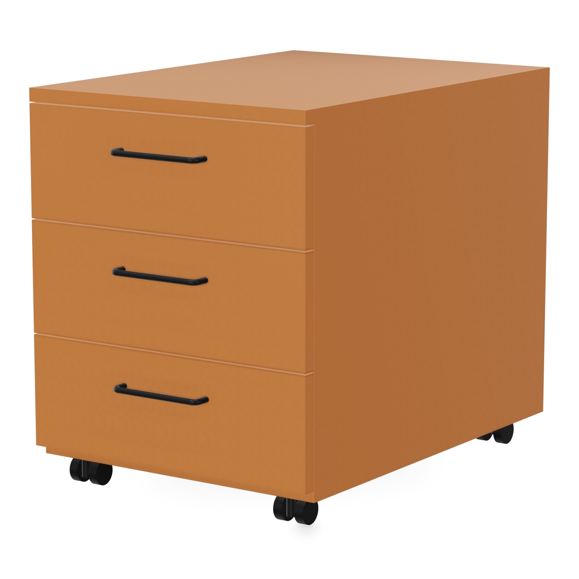 Ein moderner Rollcontainer mit drei Schubladen in warmem Orange, eleganten schwarzen horizontalen Griffen und stabilen schwarzen Rollen für einfache Bewegung, perfekt für organisierte Büroaufbewahrung und Arbeitsplatzeffizienz.