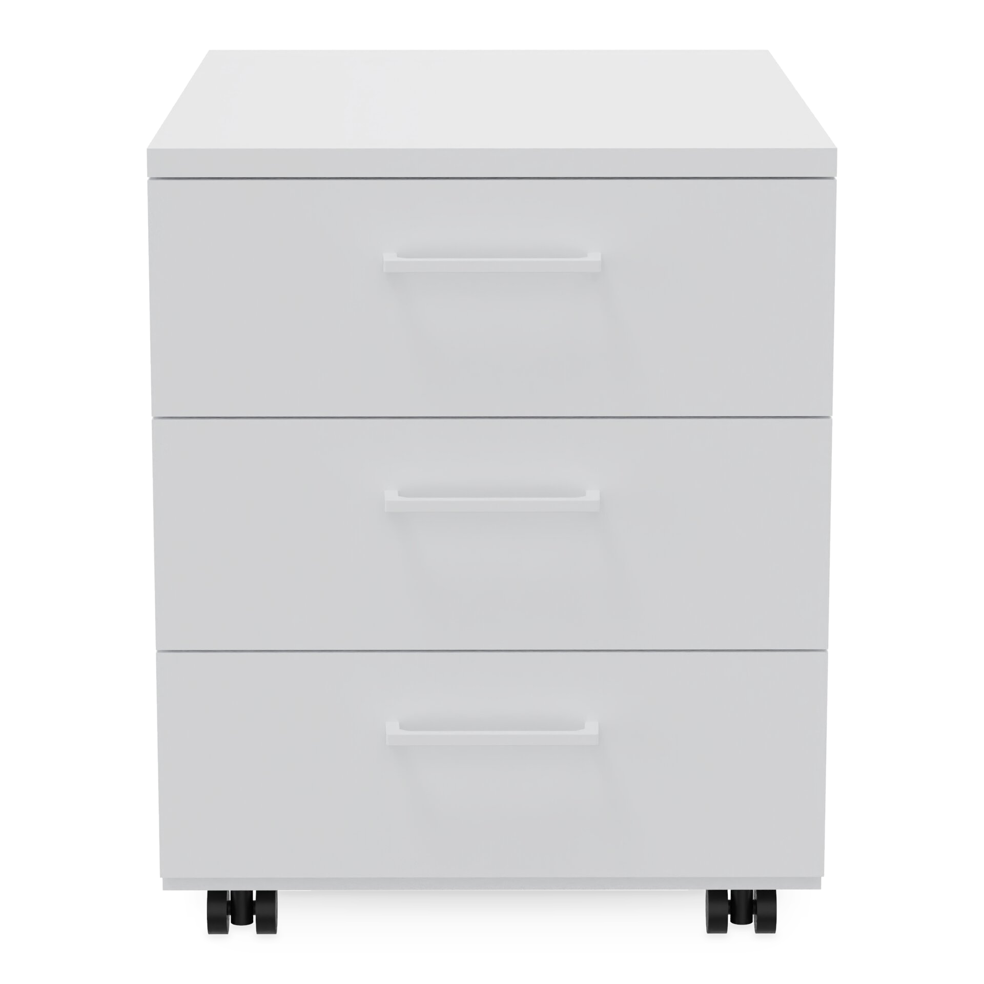 Ein minimalistischer, weißer Rollcontainer mit drei geräumigen Schubladen mit passenden horizontalen Griffen. Der kompakte Büroschrank steht auf vier schwarzen Rollen und bietet eine klare, moderne Ästhetik, die für jedes Heimbüro oder jeden Arbeitsp