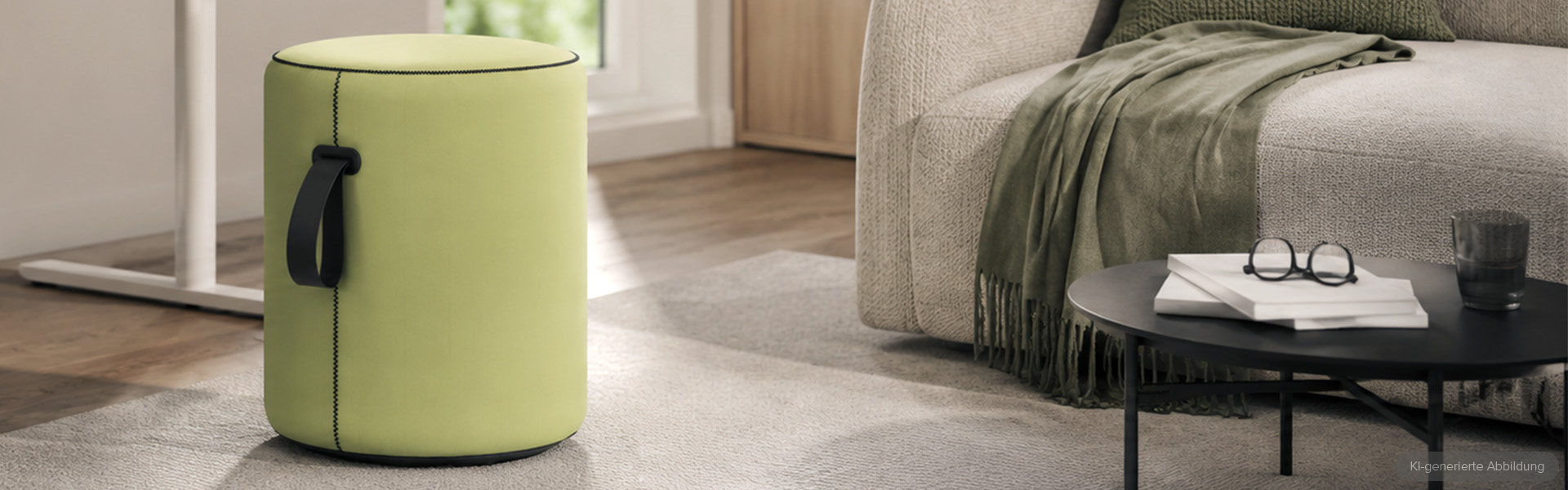 Ein moderner, zylindrischer lindgrüner Stoffhocker mit schwarzem Tragegriff und Ziernähten, platziert auf einem hellen Teppich in einem gemütlichen Wohnzimmer neben einem beigen Sofa mit grüner Überwurfdecke und einem kleinen schwarzen runden Couchti