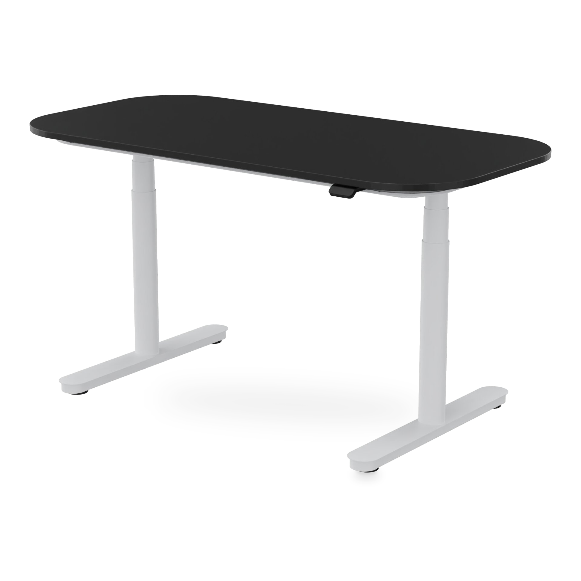 Moderner höhenverstellbarer Stehschreibtisch mit einer schlanken schwarzen Schreibtischplatte mit abgerundeten Ecken und einem stabilen weißen Metallrahmen mit zwei Stützsäulen, ideal für ein modernes Heimbüro oder eine ergonomische Arbeitsplatzeinri
