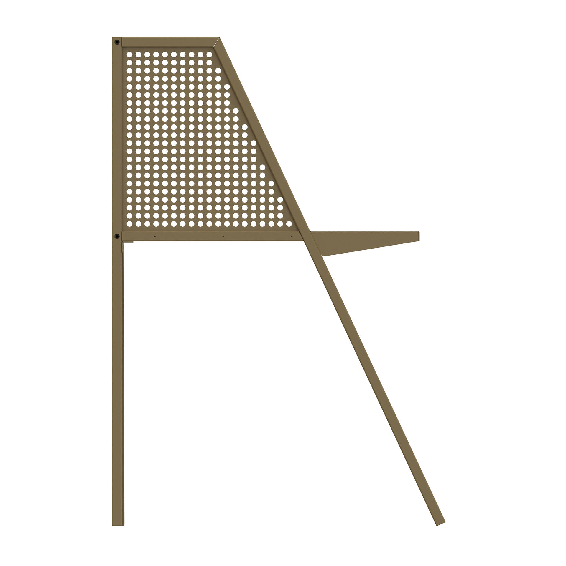 Seitenansicht eines modernen, minimalistischen Wandschreibtisches in gedämpftem Olivbraun. Der Schreibtisch verfügt über eine markante perforierte Metallrückwand mit geometrischem, abgewinkeltem Design und einer schlanken, funktionalen Arbeitsfläche.
