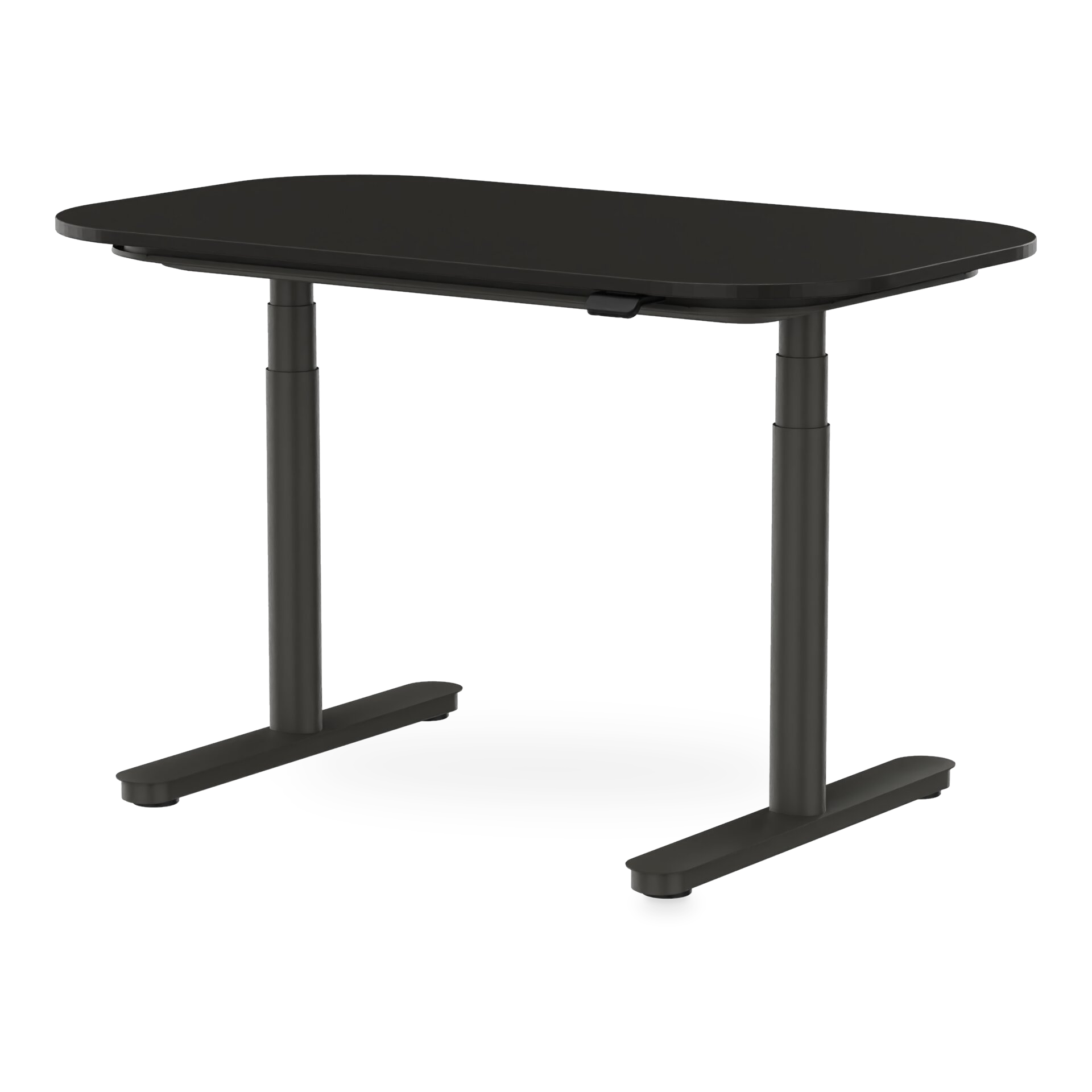 Ein moderner, minimalistischer, höhenverstellbarer Stehschreibtisch in Mattschwarz mit einer glatten rechteckigen Tischplatte mit abgerundeten Ecken und stabilen Doppelsäulen-Metallbeinen, perfekt für ein modernes Heimbüro oder einen ergonomischen Ar