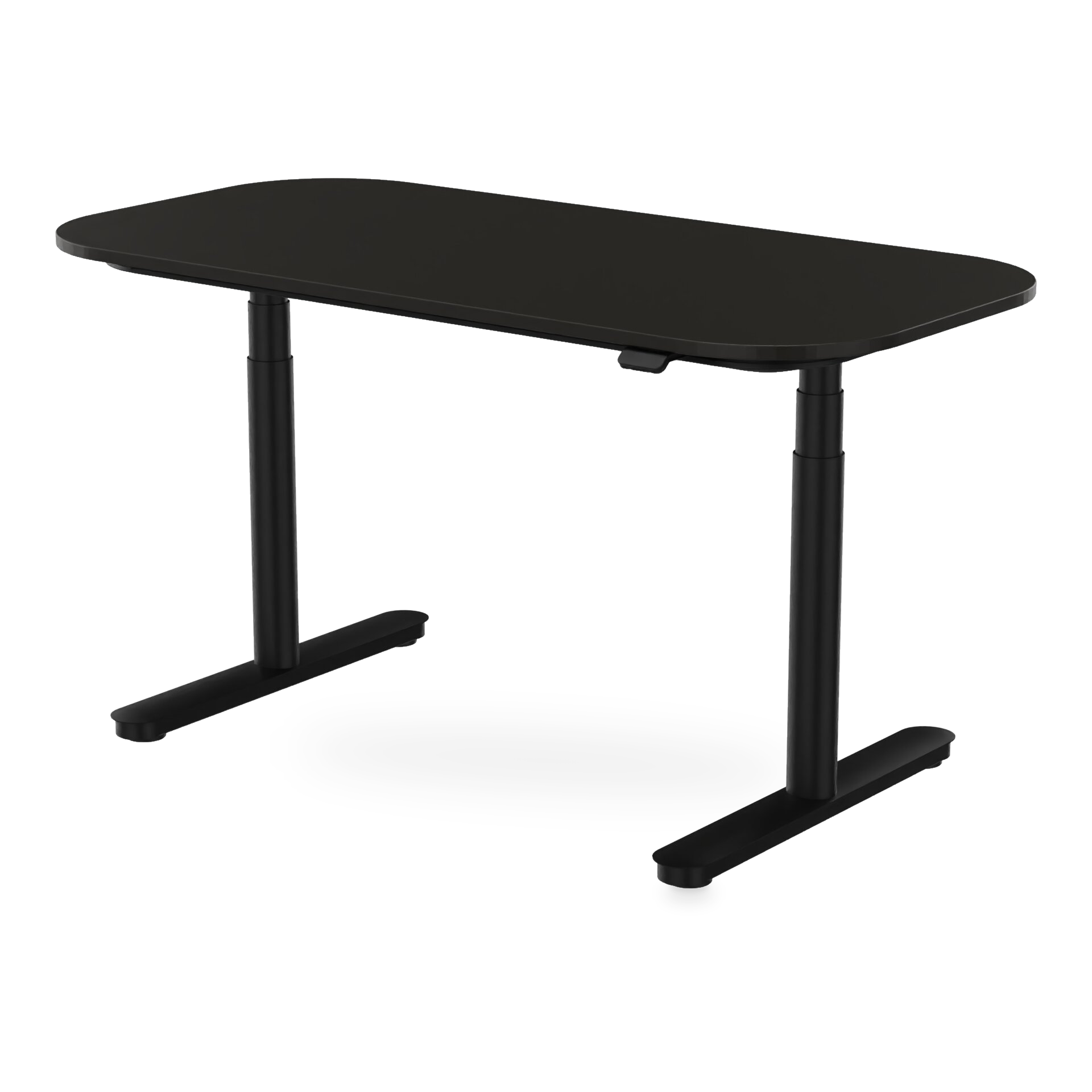 Ein moderner, minimalistischer, höhenverstellbarer Stehschreibtisch in schlichtem Schwarz mit einer glatten rechteckigen Tischplatte mit abgerundeten Ecken und einem stabilen Doppelsäulen-Metallsockel, perfekt für ein modernes Heimbüro oder einen pro