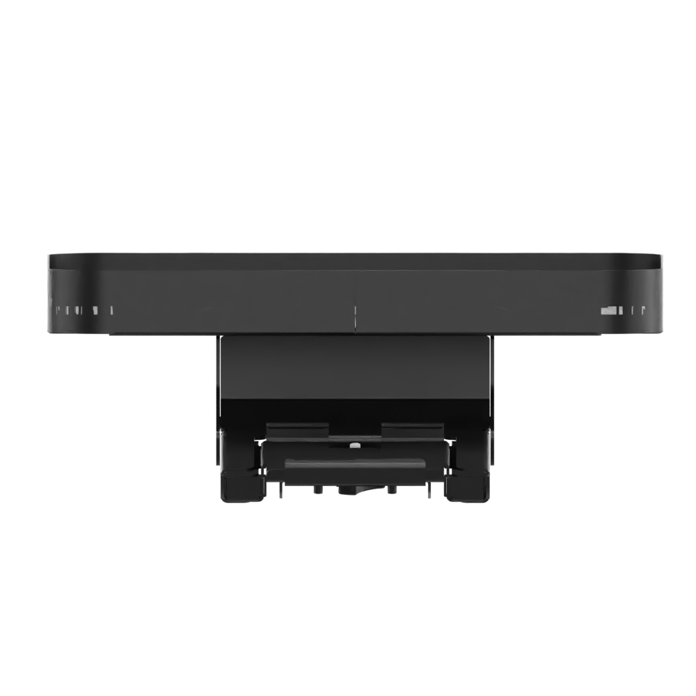 Eine elegante, minimalistische schwarze Möbelkomponente, wahrscheinlich ein Tisch- oder Schreibtischverbinder, mit einer glatten horizontalen Oberfläche und einem stabilen, strukturierten Basismechanismus, der für eine sichere Montage oder Montage in