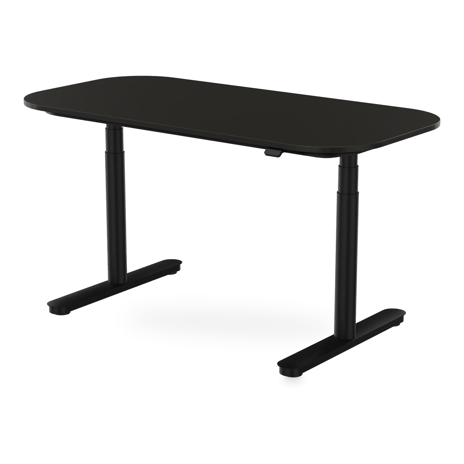 Ein moderner, minimalistischer höhenverstellbarer Stehschreibtisch mit einer glatten, mattschwarzen rechteckigen Tischplatte mit abgerundeten Ecken, getragen von einem stabilen T-Bein-Gestell aus schwarzem Metall, isoliert vor einem schlichten schwar