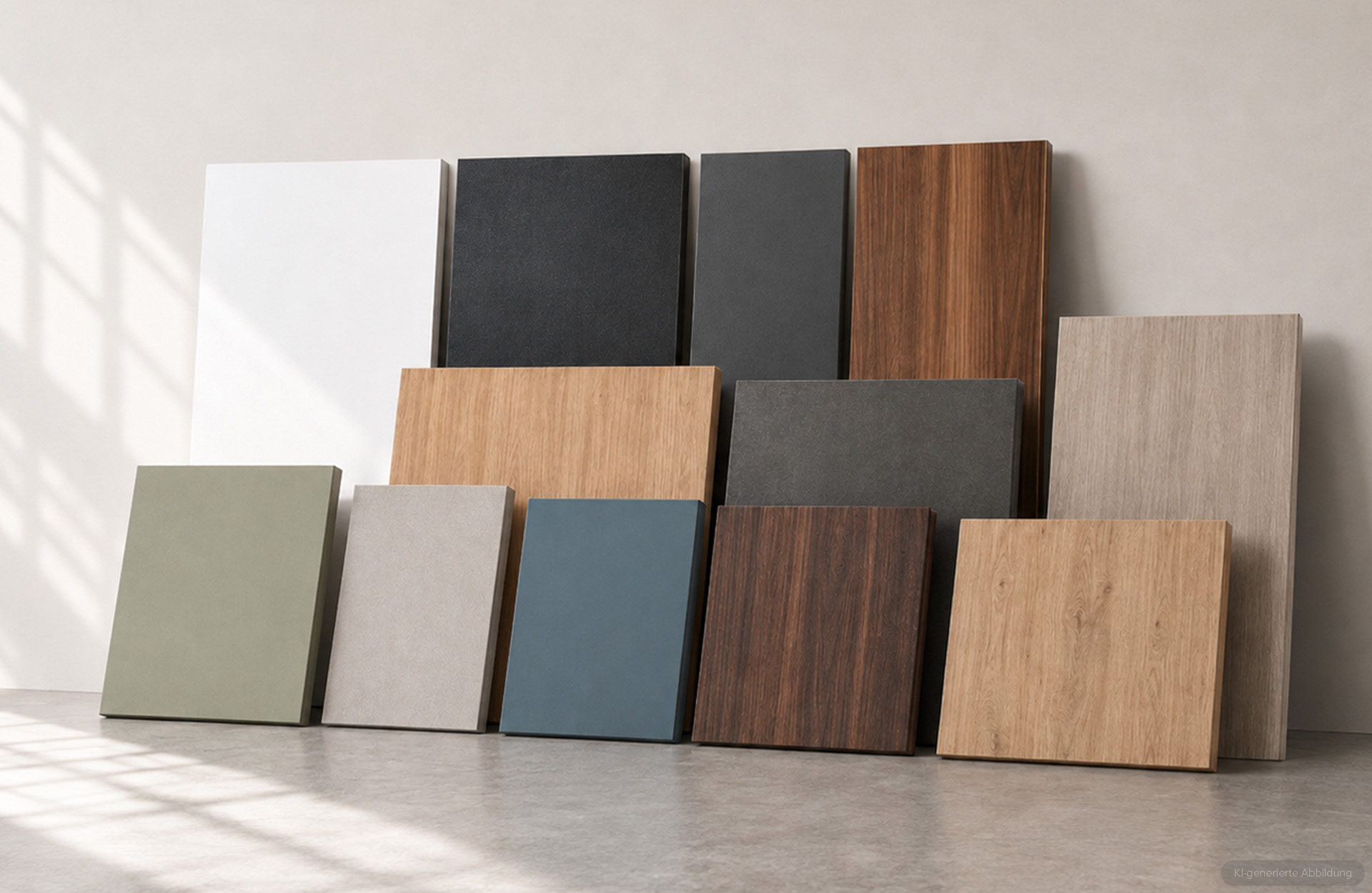 Eine Sammlung verschiedener an einer Wand angeordneter Möbelmaterialmuster mit verschiedenen Ausführungen, darunter Volltonfarben, Holzmaserungsstrukturen und matte Oberflächen in Weiß, Grau, Blau, Grün und natürlichen Holztönen für die Inneneinricht