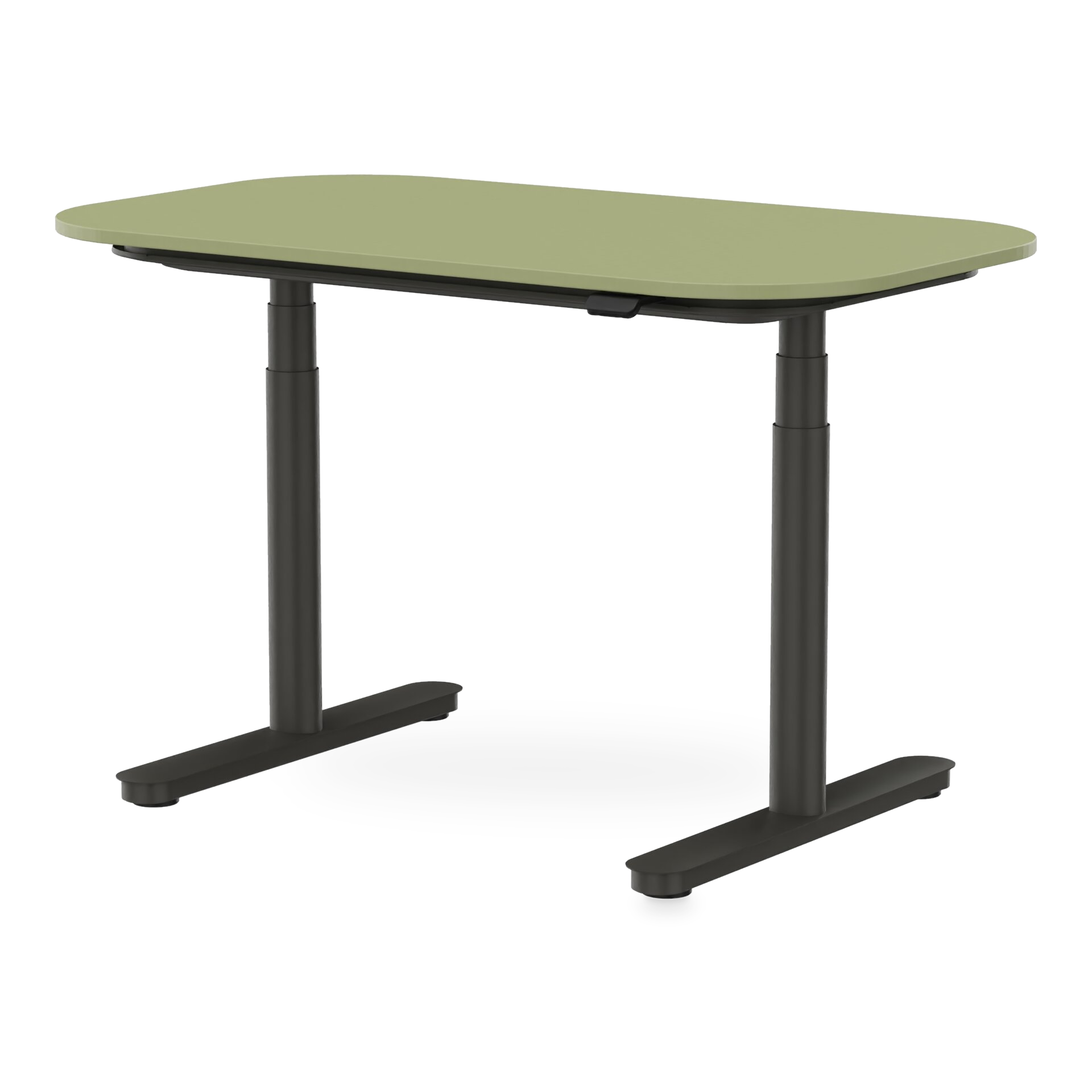 Ein moderner, höhenverstellbarer Schreibtisch mit einer glatten, salbeigrünen, rechteckigen Tischplatte mit abgerundeten Ecken, getragen von einem stabilen schwarzen Metallrahmen mit zwei Teleskopsäulen und flachen, stabilen Füßen, isoliert auf einem