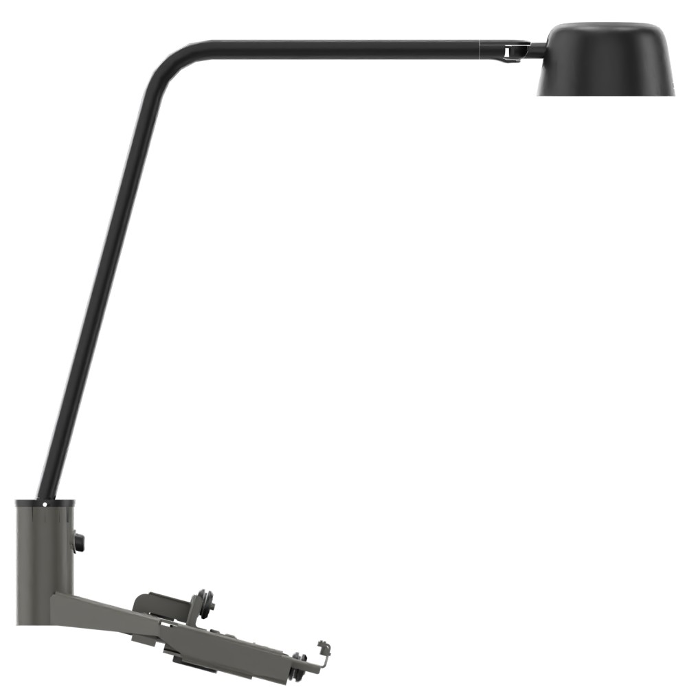 Eine moderne, minimalistische schwarze Schreibtischlampe mit einem schlanken, verstellbaren Arm und einem kuppelförmigen Schirm. Die Lampe verfügt über einen stabilen Klemmsockel, der sich leicht an Schreibtischkanten befestigen lässt und eine effizi
