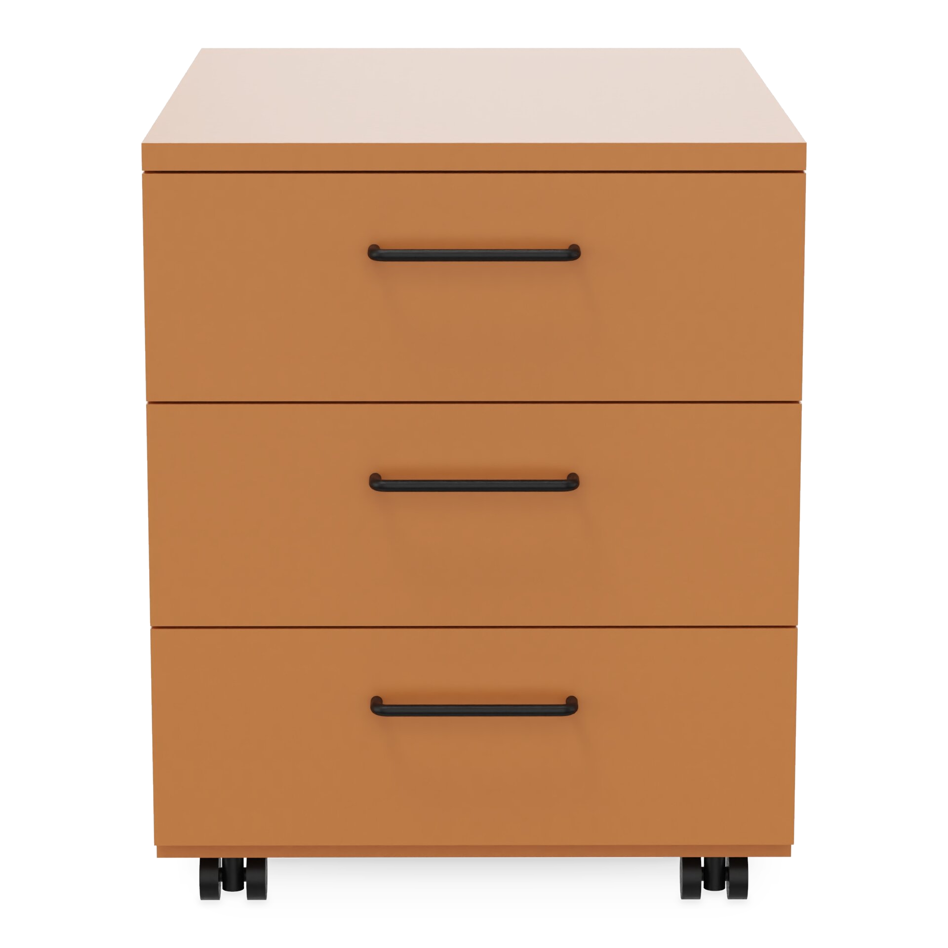 Ein moderner mobiler Unterschrank in einem warmen Ocker-Orange-Finish mit drei geräumigen Schubladen mit minimalistischen schwarzen horizontalen Griffen, die auf leichtgängigen Rollen stehen und so die Organisation und Aufbewahrung im Büro erleichter