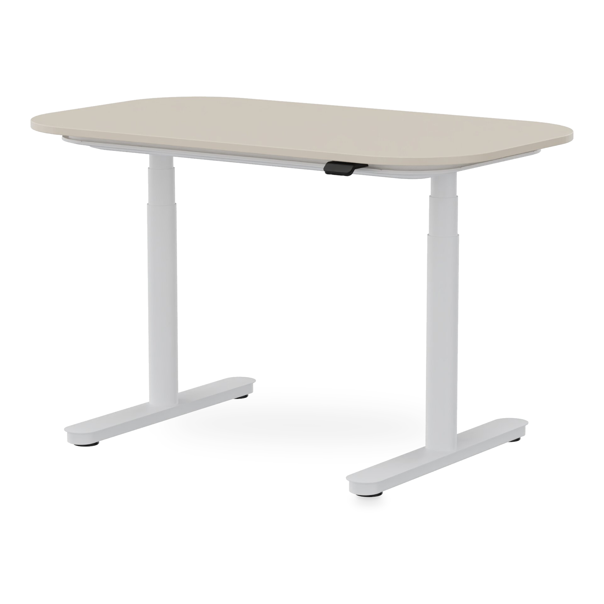 Ein moderner höhenverstellbarer Schreibtisch mit einer hellbeigen, abgerundeten rechteckigen Tischplatte und einem stabilen weißen Metallrahmen mit zwei T-förmigen Beinen, isoliert vor einem schlichten schwarzen Hintergrund für eine klare, profession
