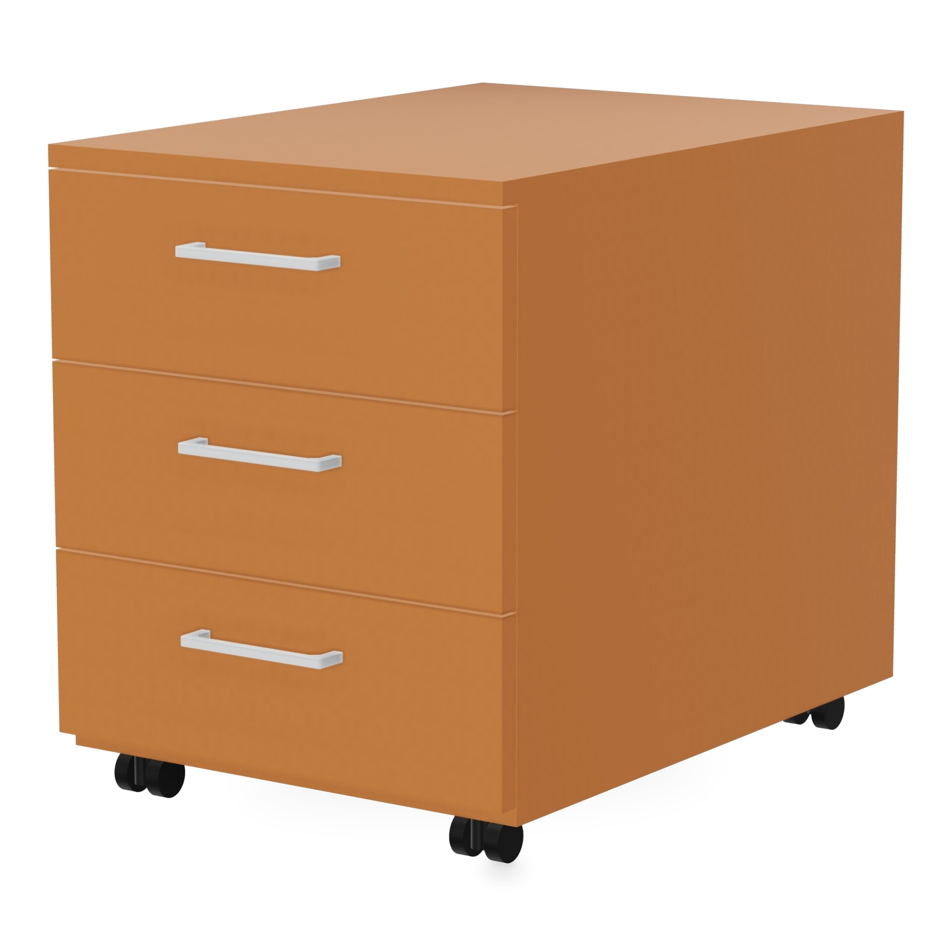 Ein moderner mobiler Unterschrank in warmer hellbrauner Holzoptik mit drei geräumigen Schubladen mit schlanken, horizontalen silbernen Metallgriffen und stabilen schwarzen Rollen für einfache Bewegung, ideal für die organisierte Aufbewahrung im Büro.