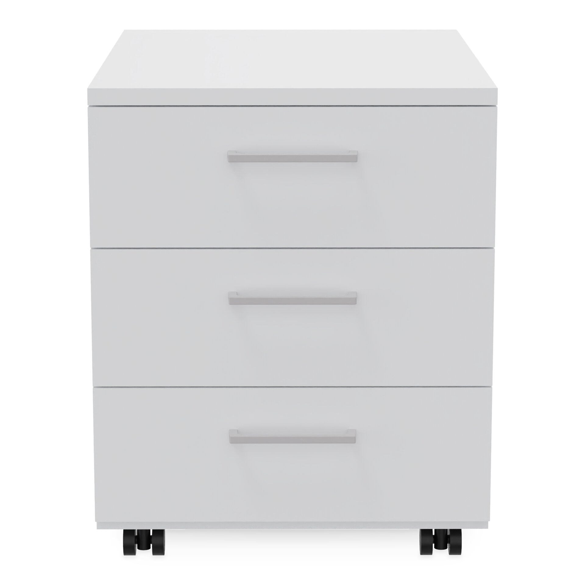 Ein moderner, weißer Rollcontainer mit drei geräumigen Schubladen mit schlanken, horizontalen silbernen Griffen. Die kompakte Aufbewahrungseinheit steht auf kleinen schwarzen Rollen und bietet ein klares, minimalistisches Design, das sich für die Org