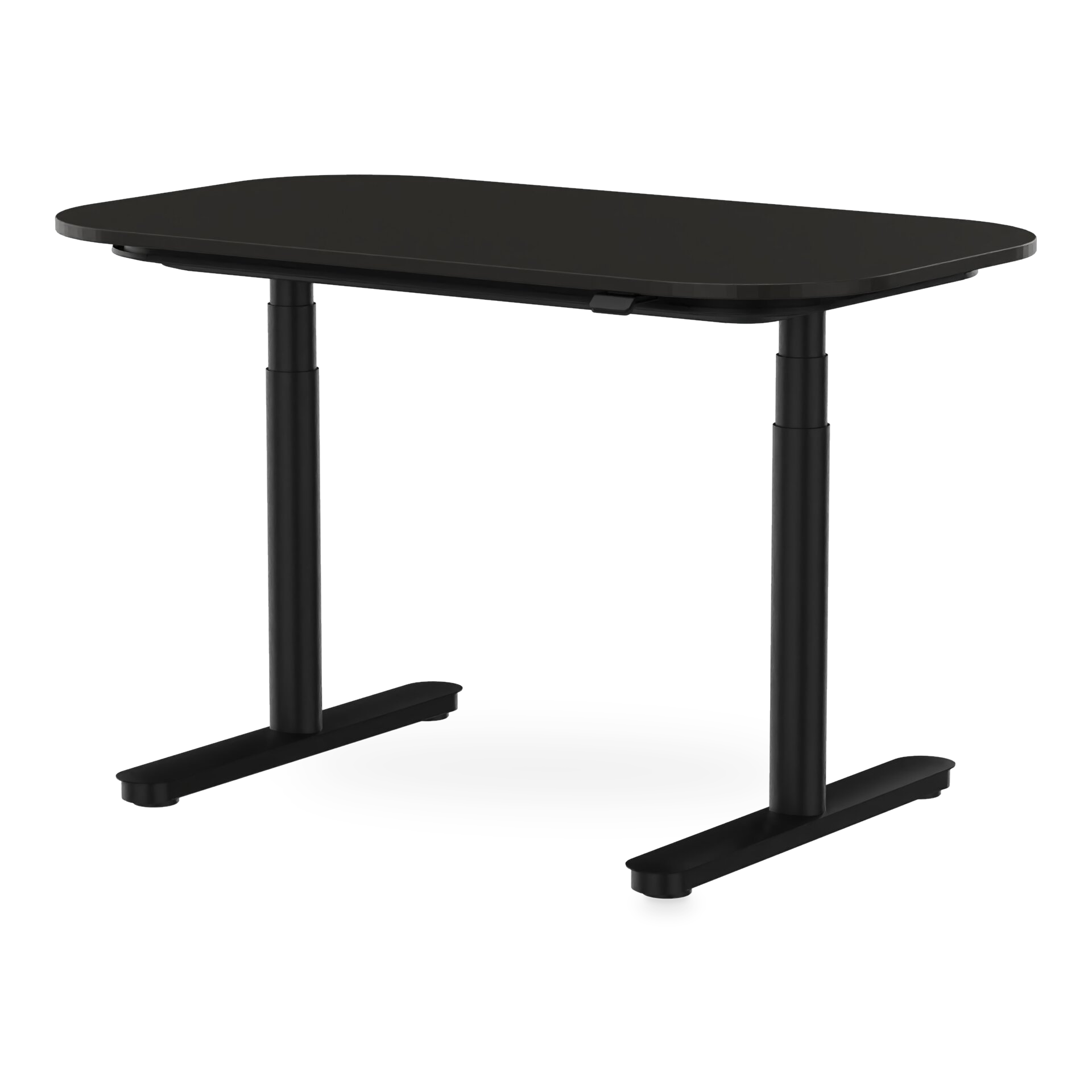 Ein moderner, minimalistischer, höhenverstellbarer Schreibtisch mit einer glatten, mattschwarzen rechteckigen Tischplatte mit abgerundeten Ecken und einem stabilen T-Bein-Gestell aus schwarzem Metall, entworfen für ein modernes Heimbüro oder einen pr