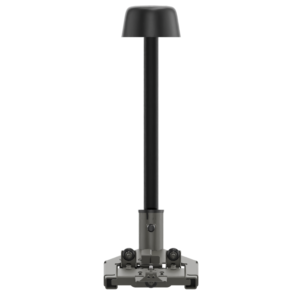 Ein schwarzes Möbelstück im Industriestil mit einer vertikalen Stützstange mit abgerundeter Kappe, montiert auf einer stabilen, mechanischen Basis mit kleinen Rädern, konzipiert für verstellbare Möbelsysteme oder spezielle Wohnaccessoires.