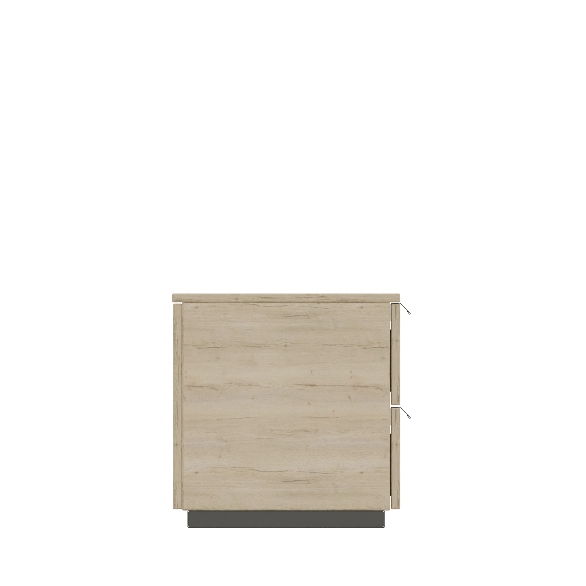 Ein kompakter, heller Nachttisch oder kleiner Aufbewahrungsschrank aus Holz in Eichenoptik mit zwei Schubladen mit schlanken, modernen silberfarbenen Griffen vor einem schlichten schwarzen Hintergrund, ideal für moderne Aufbewahrungslösungen im Schla