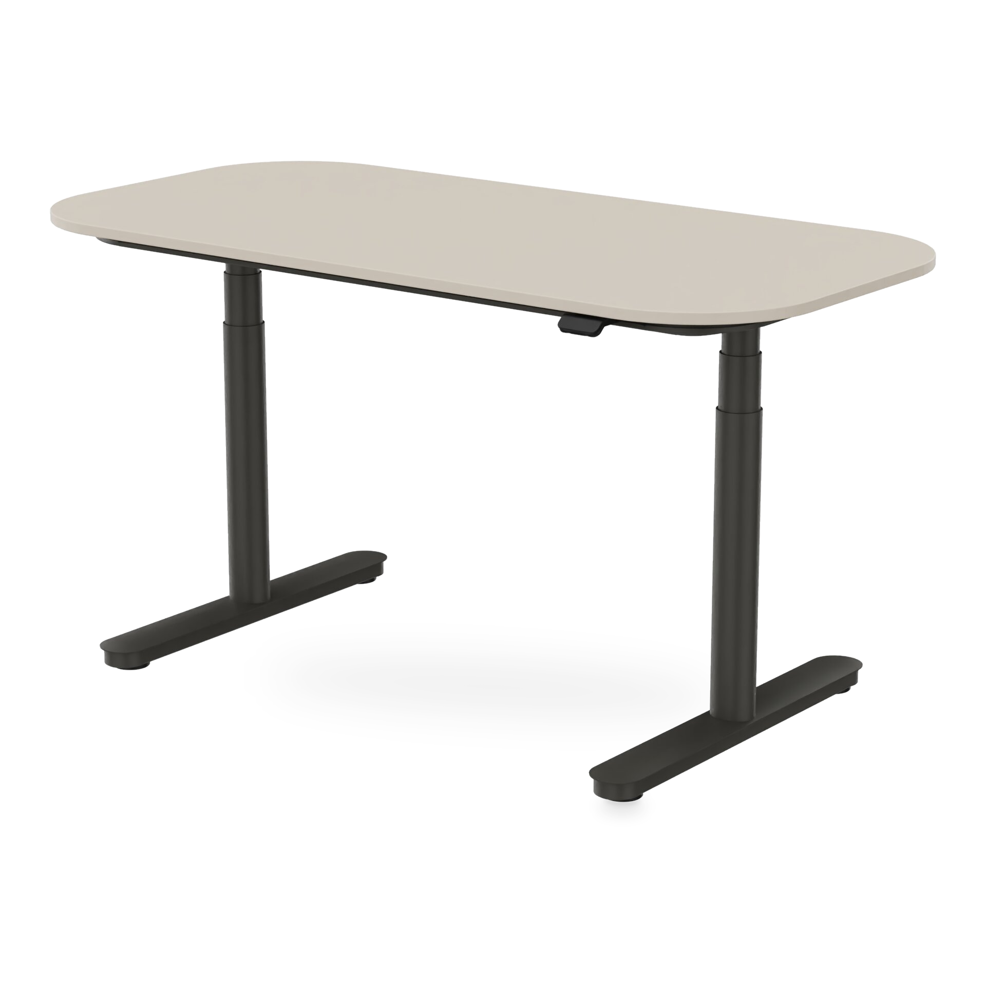 Ein moderner höhenverstellbarer Stehschreibtisch mit einer glatten, hellbeigen rechteckigen Tischplatte mit abgerundeten Ecken, getragen von einem stabilen schwarzen Metallrahmen mit zwei Teleskopsäulen und flachen T-förmigen Füßen, isoliert auf schw