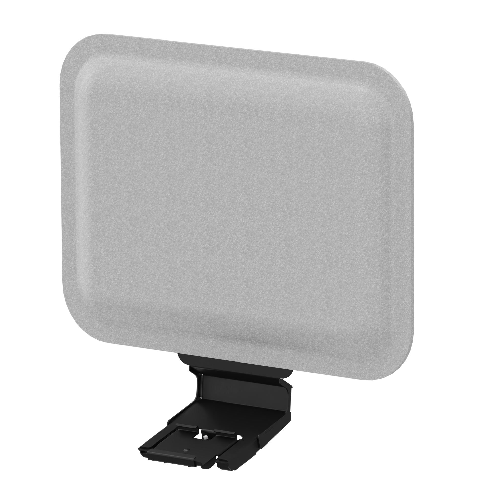 Ein rechteckiges, hellgraues, strukturiertes Kopfteilkissen mit abgerundeten Ecken, montiert auf einer eleganten schwarzen Metallhalterung, zur Befestigung an einem Bettrahmen für zusätzlichen Komfort und moderne Schlafzimmerdekoration.