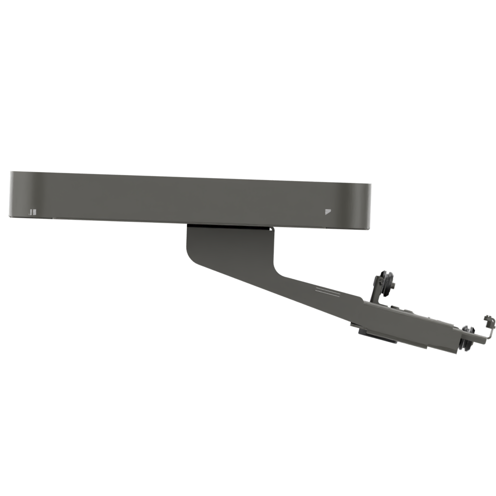 Eine Seitenansicht eines dunkelgrauen, modernen Möbelteils, wahrscheinlich eine Schubladenführung oder Montageschiene, mit einem schlanken, minimalistischen Design mit integrierter mechanischer Hardware und Rollen, isoliert vor einem schlichten schwa