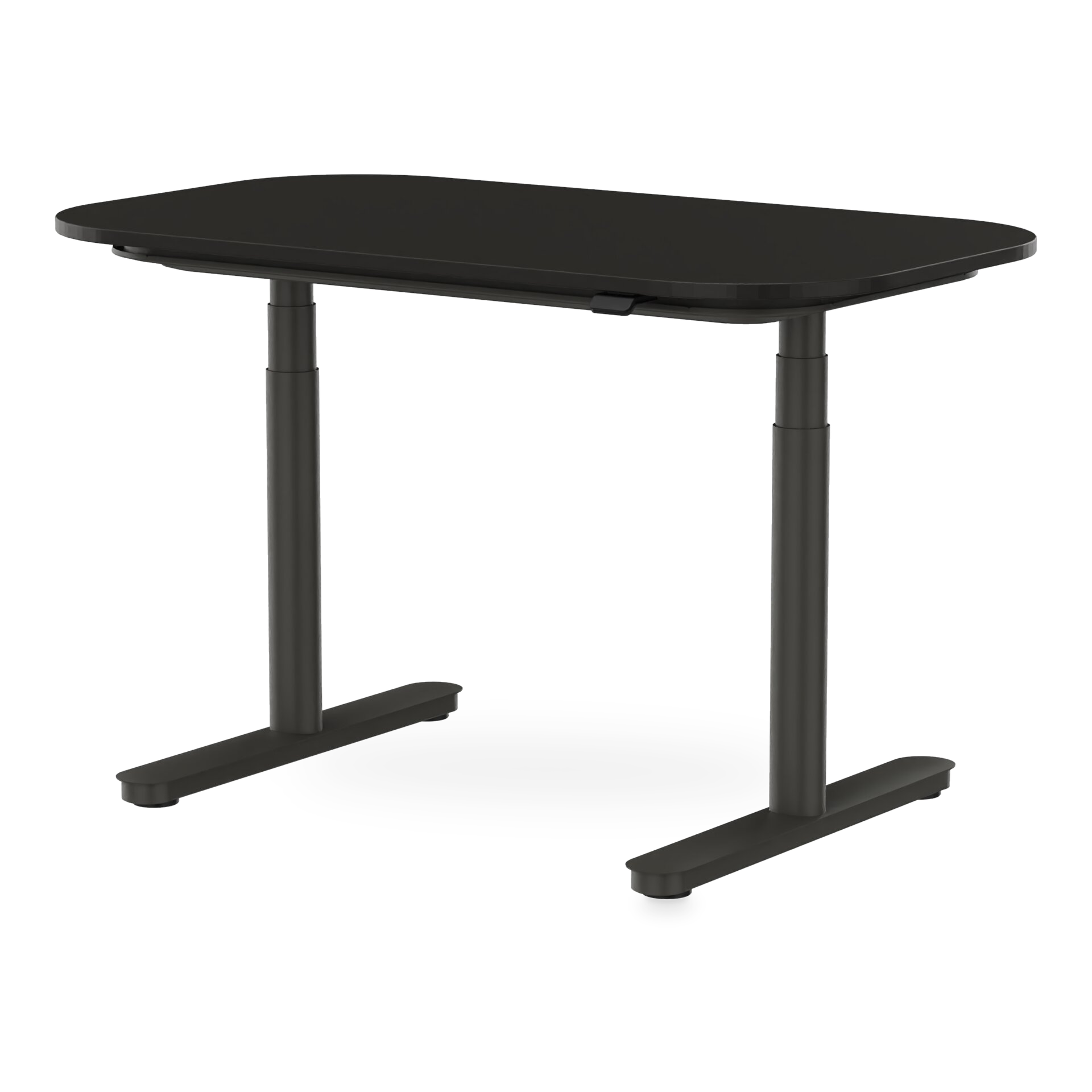 Ein moderner, höhenverstellbarer Stehschreibtisch mit einer eleganten schwarzen rechteckigen Tischplatte mit abgerundeten Ecken und einem stabilen schwarzen Metallrahmen mit zwei Teleskopsäulen vor einem schlichten schwarzen Hintergrund für eine prof