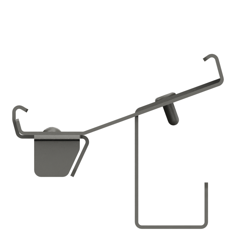 Eine Nahaufnahme einer grauen Möbelverbinderhalterung aus Metall mit einem speziellen abgewinkelten Design mit integrierten Haken und Schraubenbefestigungspunkten, die für die sichere Montage modularer Möbelkomponenten vor einem schwarzen Hintergrund