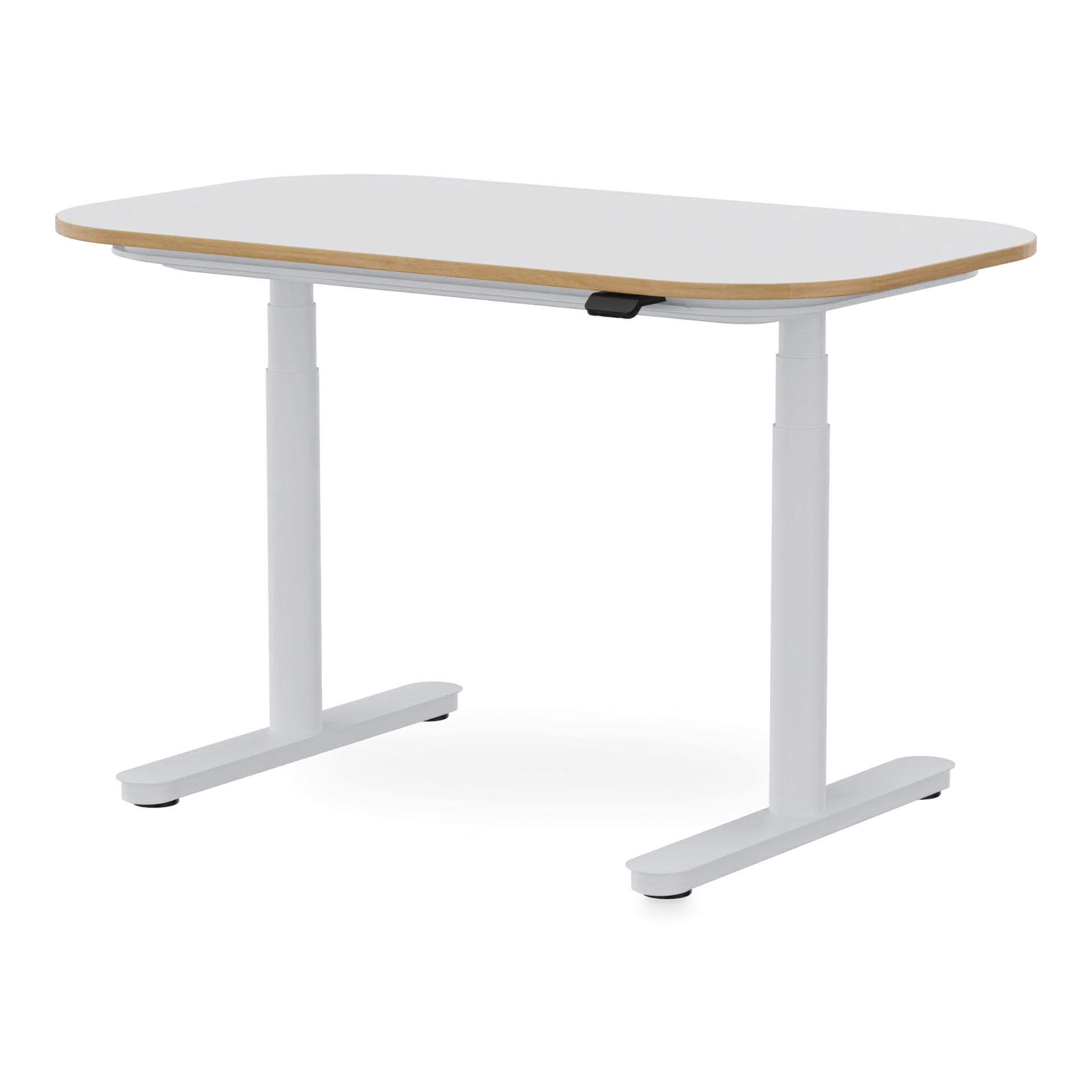 Ein moderner höhenverstellbarer Stehschreibtisch mit einer weißen rechteckigen Tischplatte mit abgerundeten Ecken und einer naturholzfarbenen Kante, getragen von einem stabilen weißen Metallgestell mit zwei Teleskopsäulen und flachen Standfüßen auf w