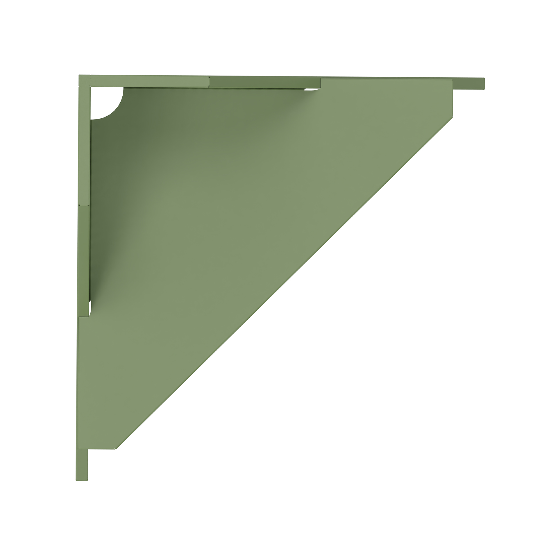 Eine minimalistische Eckregalhalterung aus salbeigrünem Metall mit stabilem dreieckigem Design. Dieses an der Wand montierte Stützstück hat eine klare, moderne Ästhetik und eignet sich perfekt für Regalinstallationen im Industrie- oder modernen Wohnd