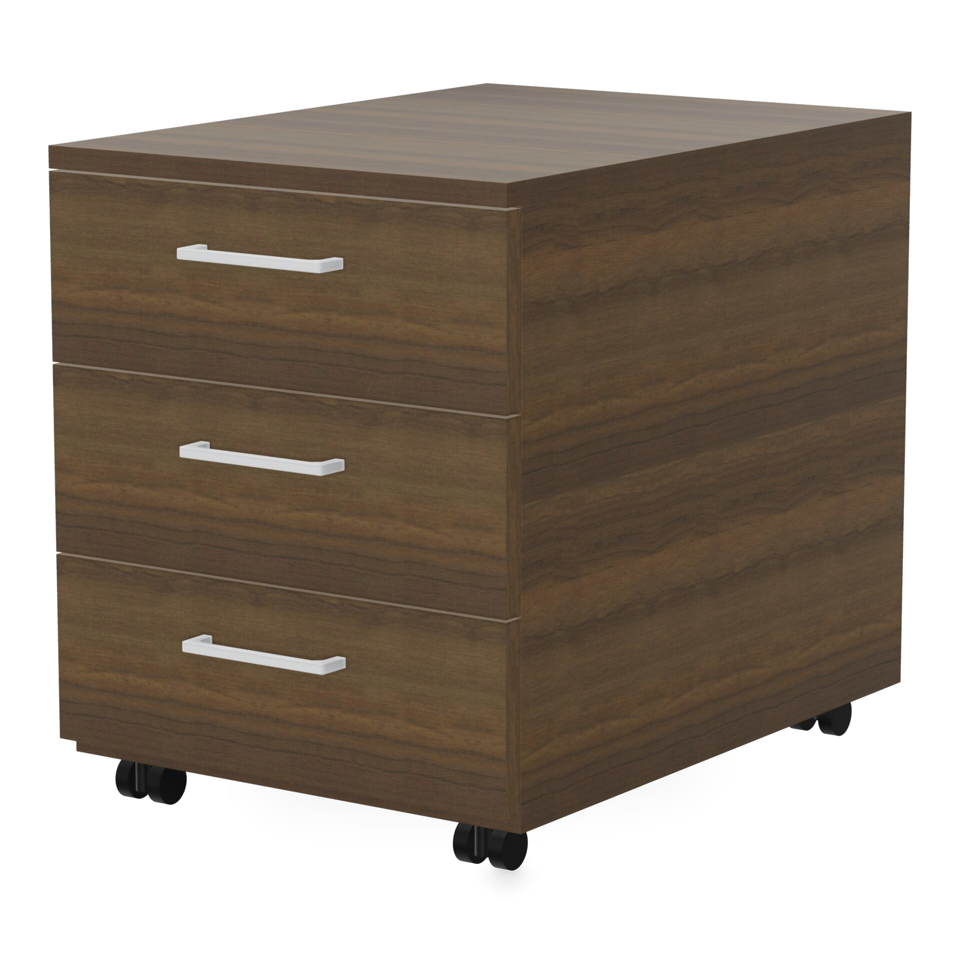 Ein moderner mobiler Sockelschrank mit drei Schubladen mit eleganten weißen horizontalen Griffen. Das Gerät ist mit einem Furnier mit edler dunkler Holzmaserung versehen und wird von vier schwarzen Lenkrollen getragen, sodass es im Büro oder am Arbei
